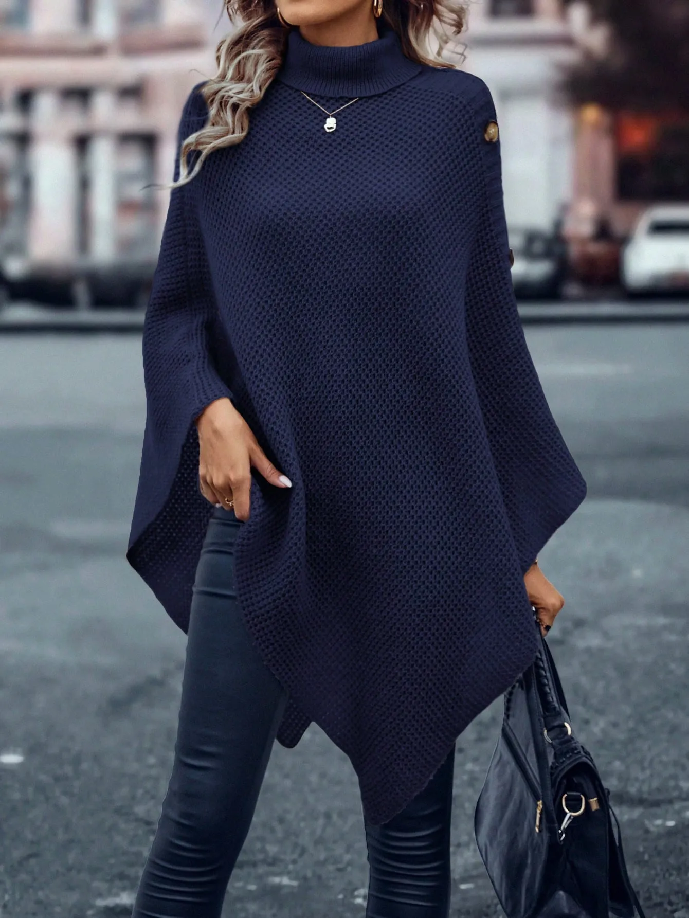 LUNE Turtleneck Batwing Sleeve Asymmetrical Hem Knit Poncho