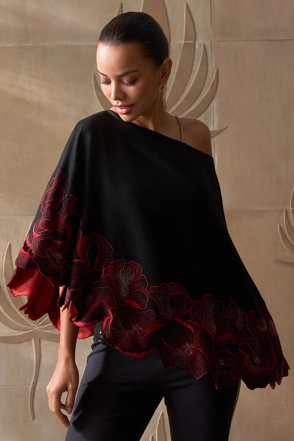 Magical Poppy Cape | Embroidered Fine Merino Wool Cape