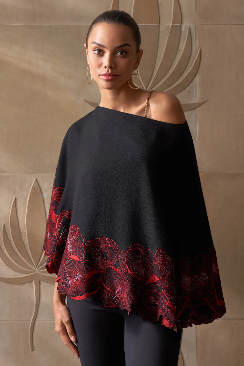 Magical Poppy Cape | Embroidered Fine Merino Wool Cape