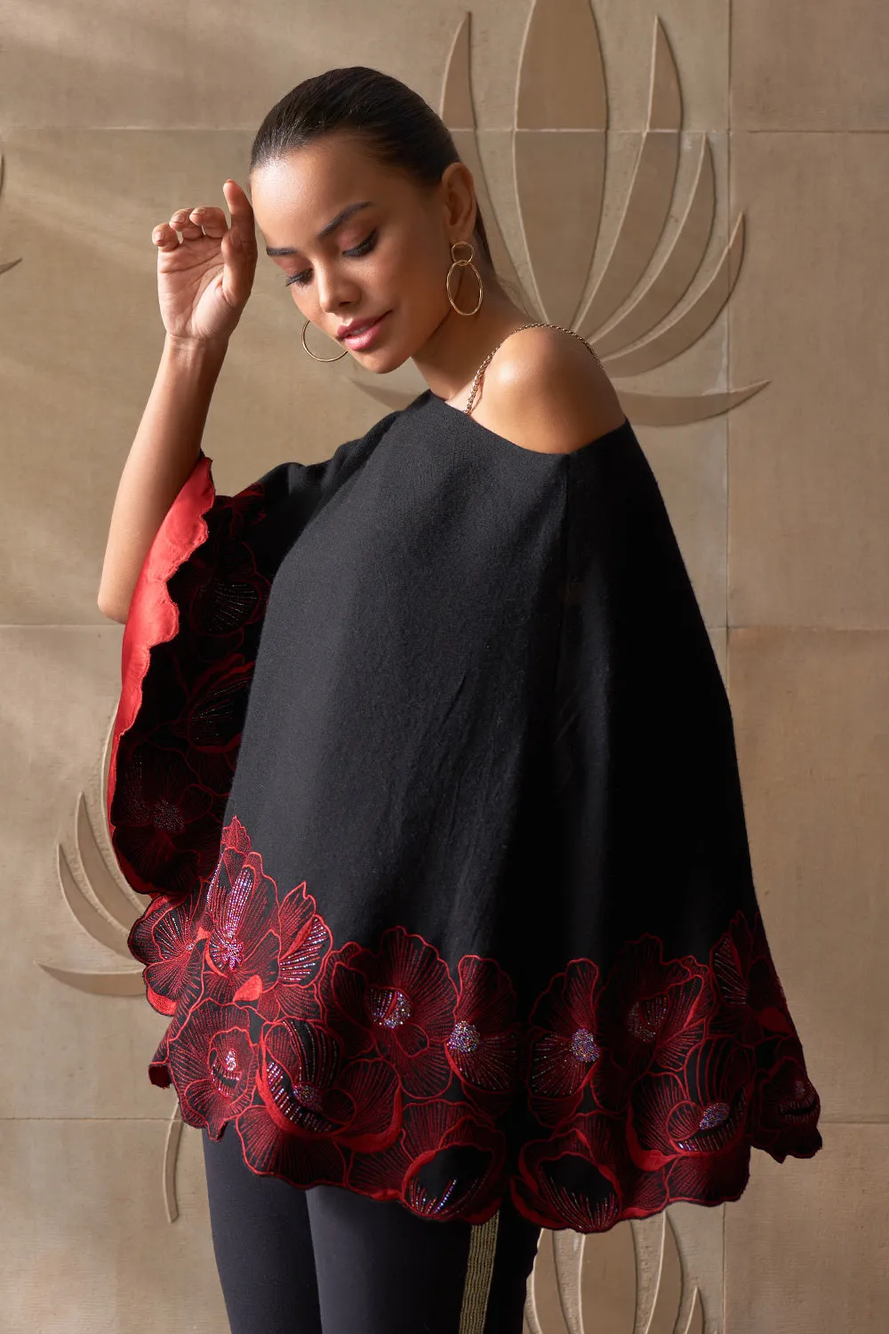 Magical Poppy Cape | Embroidered Fine Merino Wool Cape