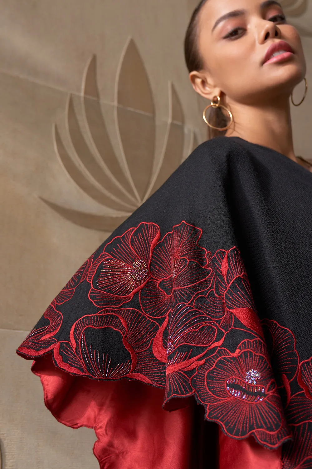 Magical Poppy Cape | Embroidered Fine Merino Wool Cape