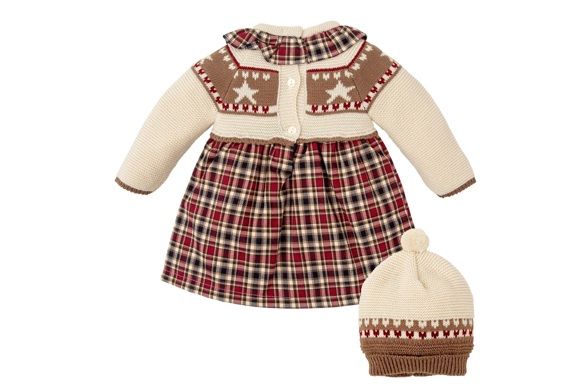 Maroon Knit Tartan Star Dress Set with Bonnet