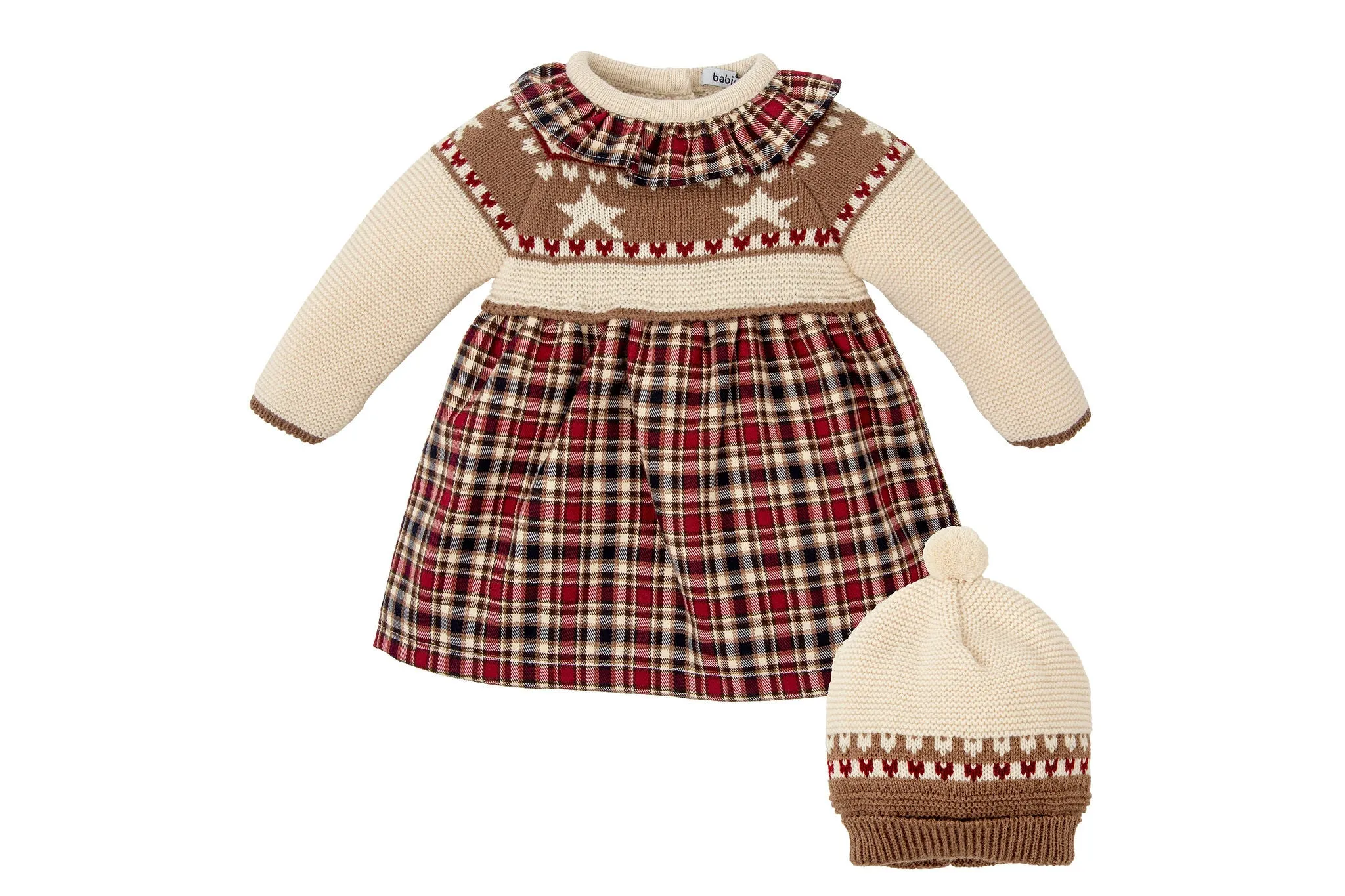 Maroon Knit Tartan Star Dress Set with Bonnet