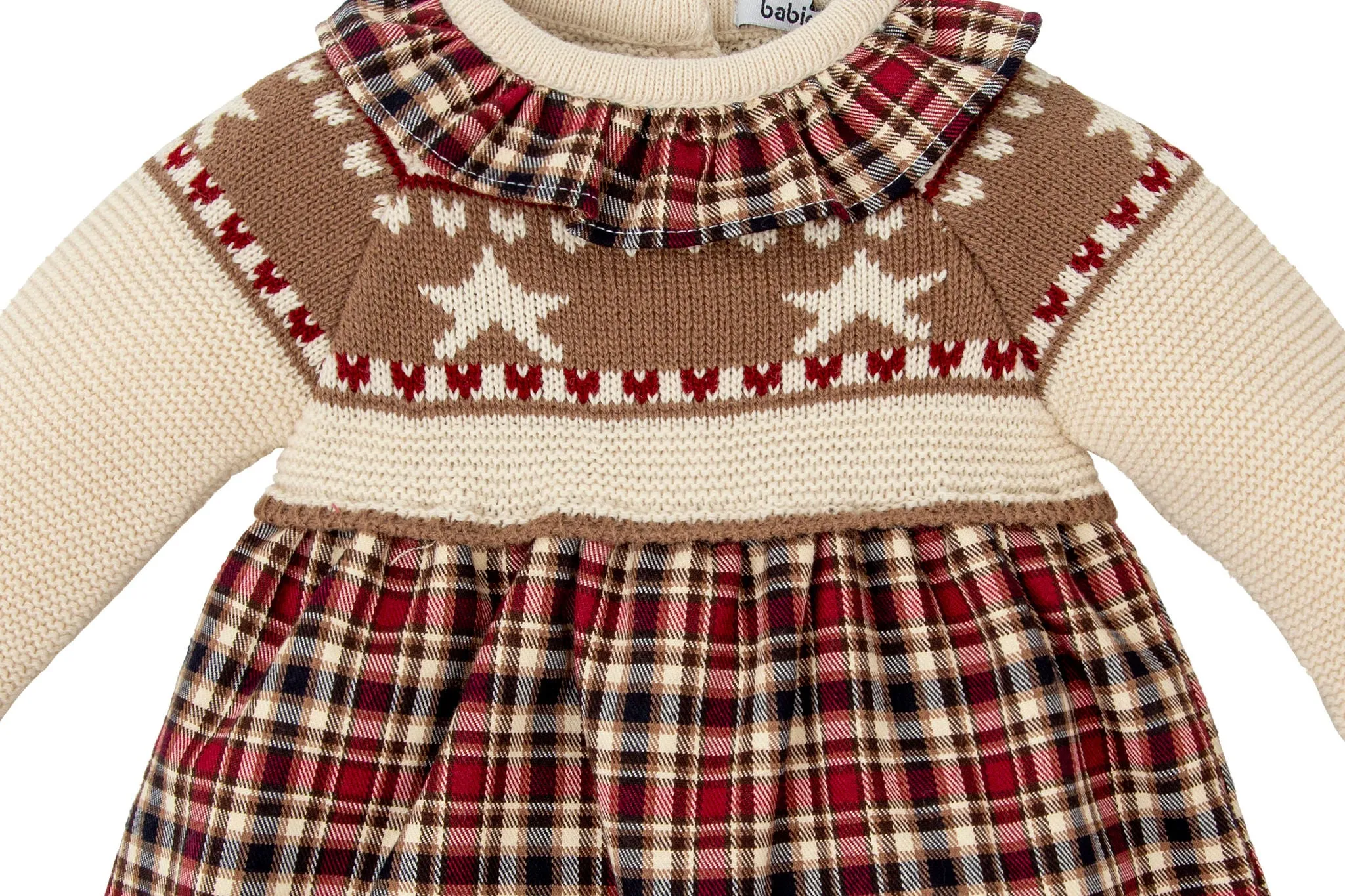 Maroon Knit Tartan Star Dress Set with Bonnet