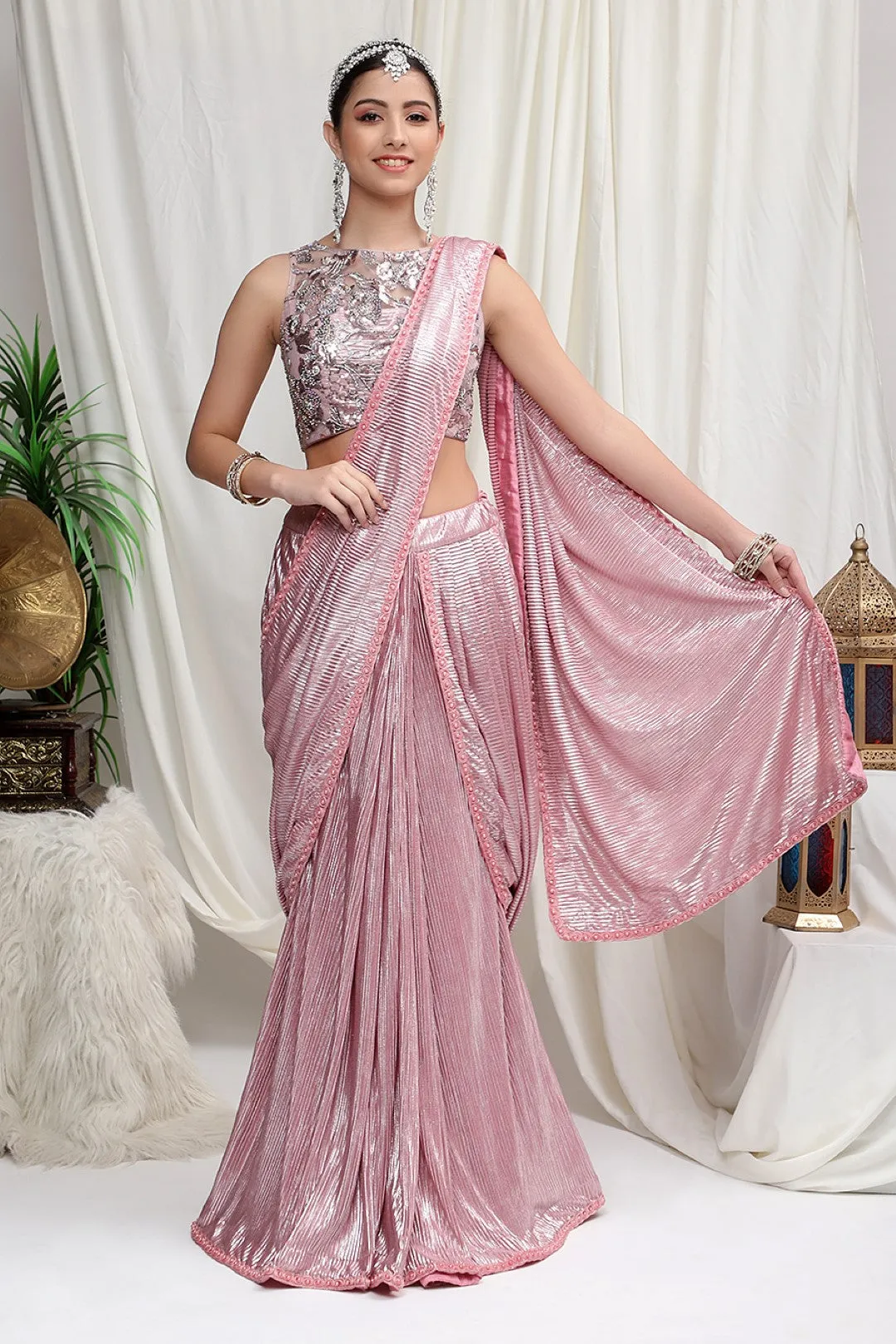 Metallic Pink Pleated skirt saree with Embroidered Blouse