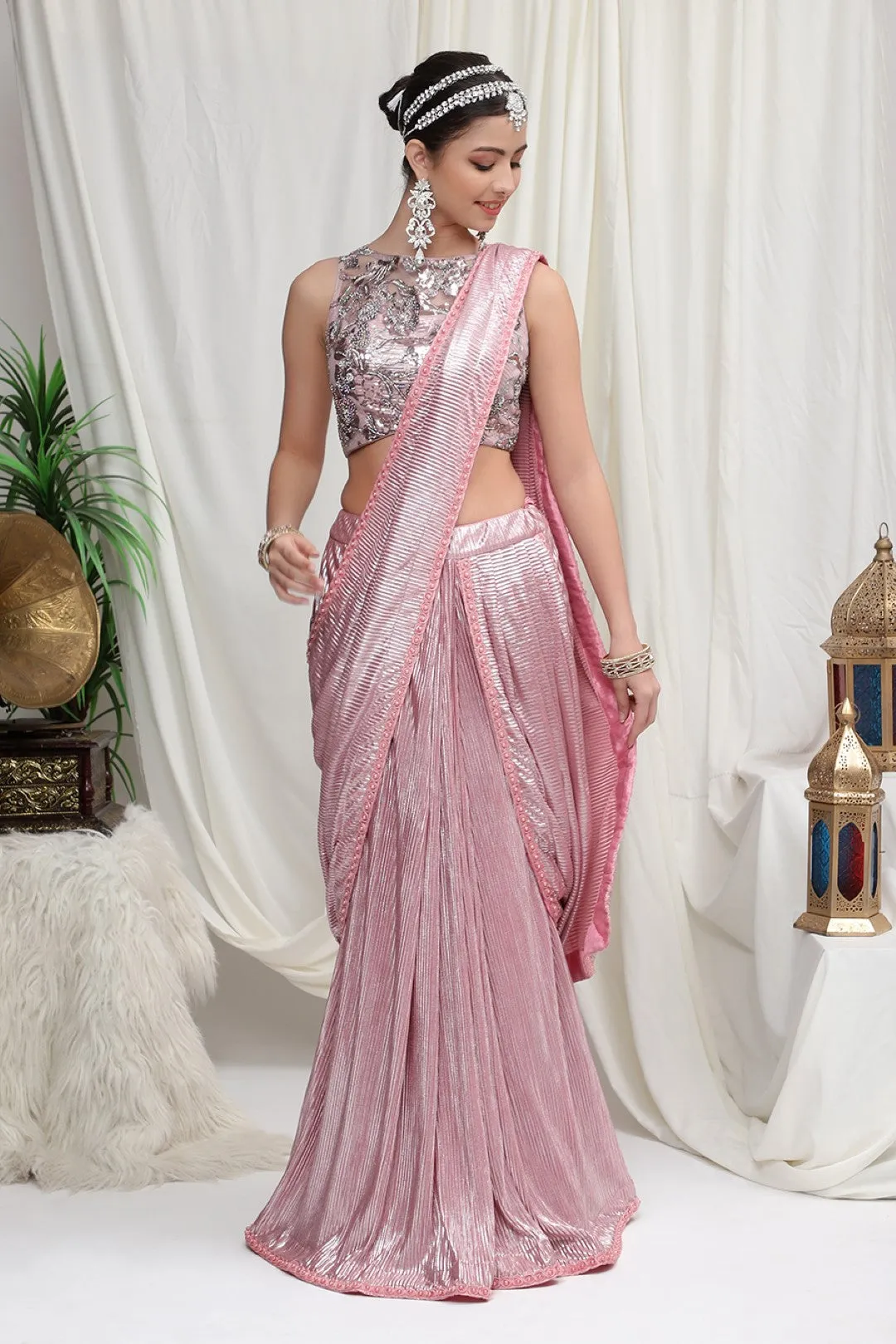 Metallic Pink Pleated skirt saree with Embroidered Blouse