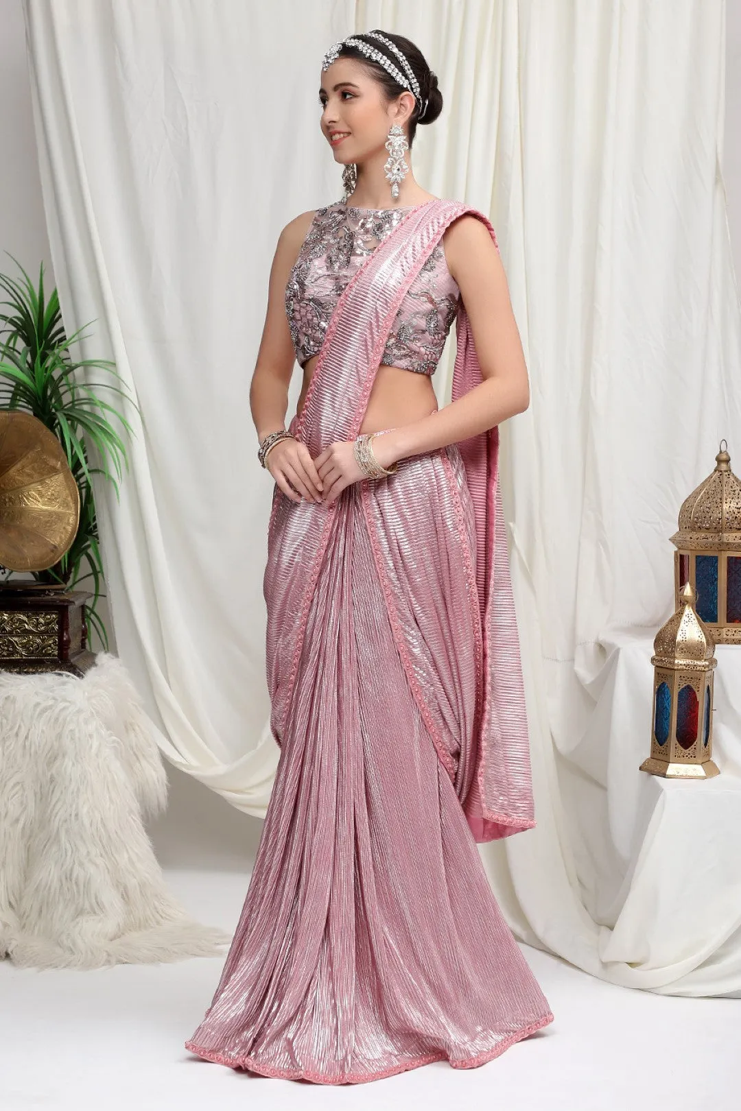 Metallic Pink Pleated skirt saree with Embroidered Blouse