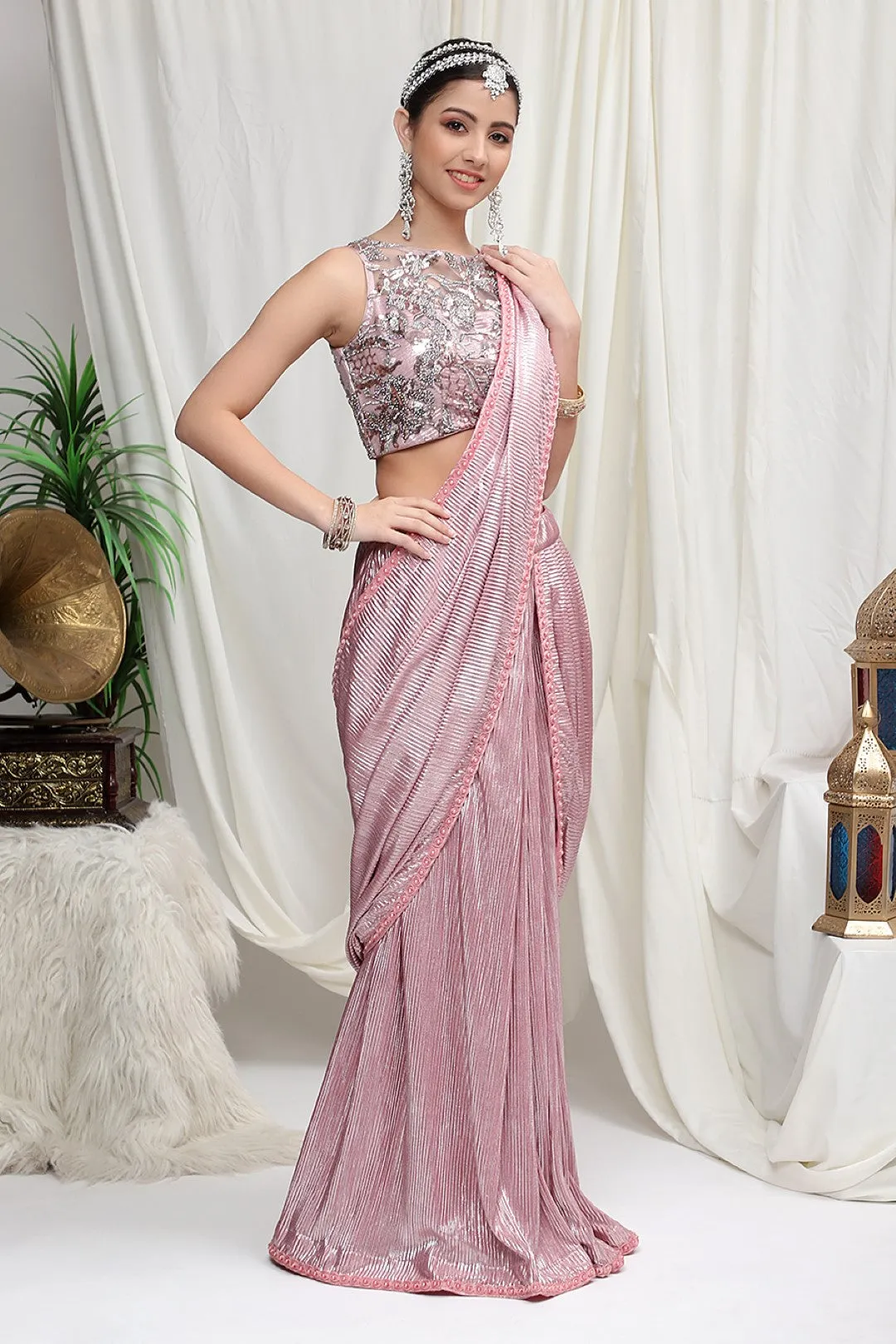 Metallic Pink Pleated skirt saree with Embroidered Blouse