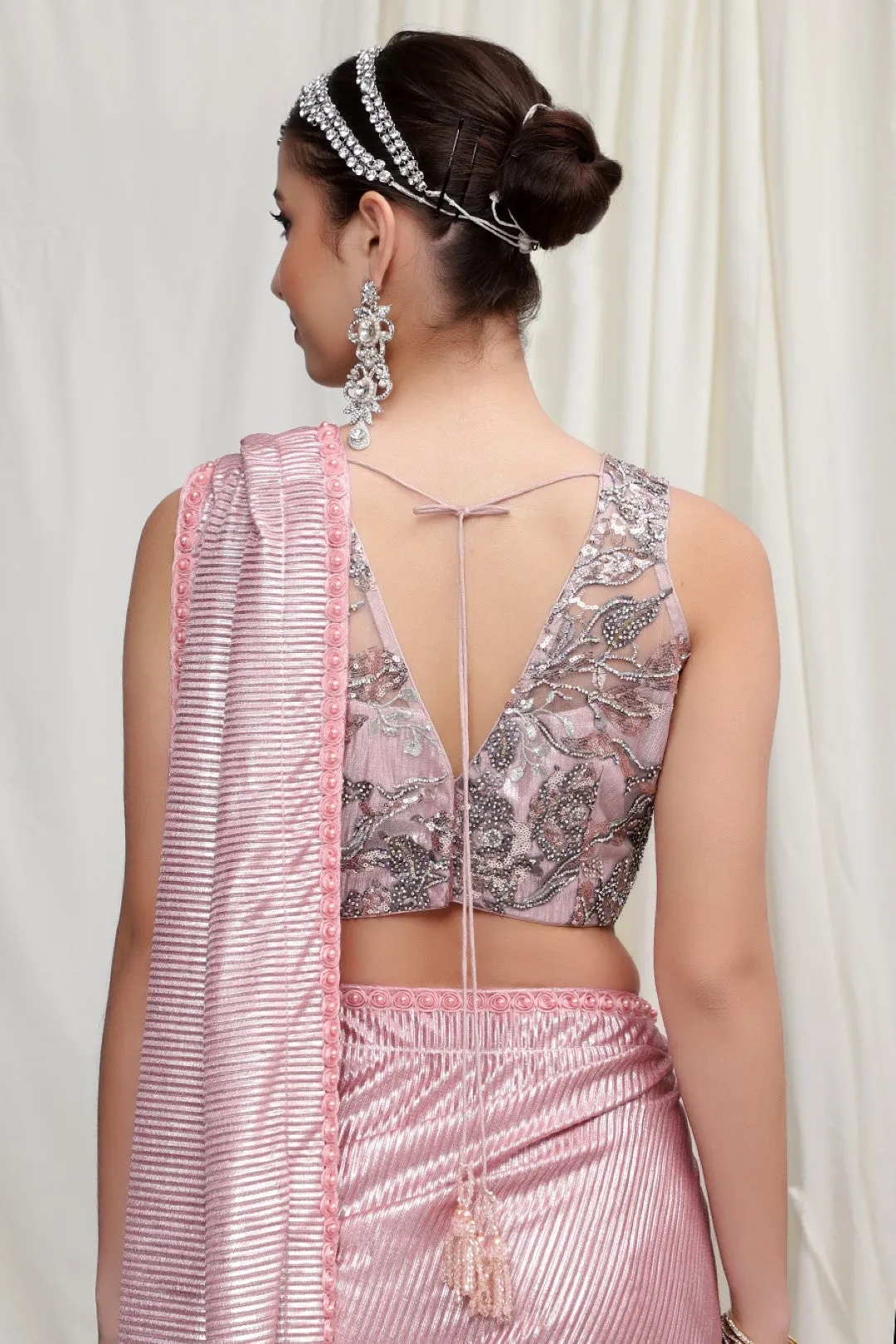 Metallic Pink Pleated skirt saree with Embroidered Blouse