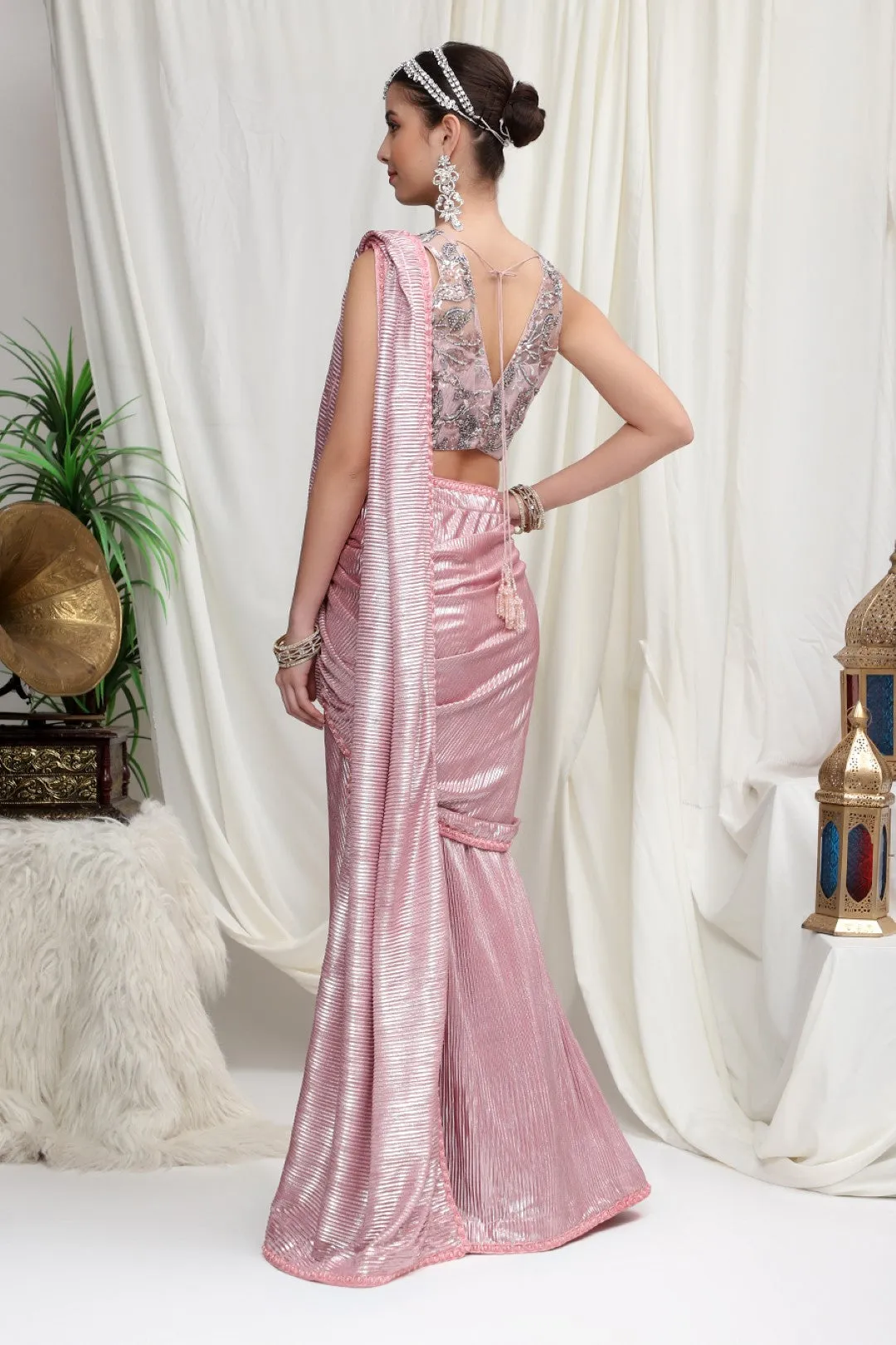 Metallic Pink Pleated skirt saree with Embroidered Blouse