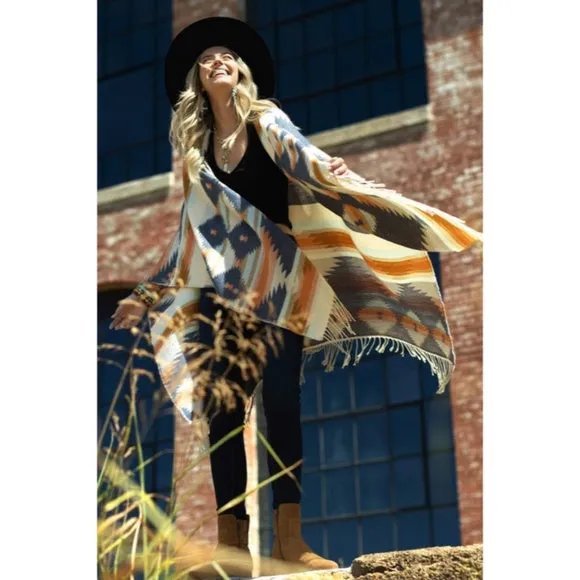 Mojave Western Ethnic Oversized Knit Ruana Fringe Wrap Open Poncho Fall Casual