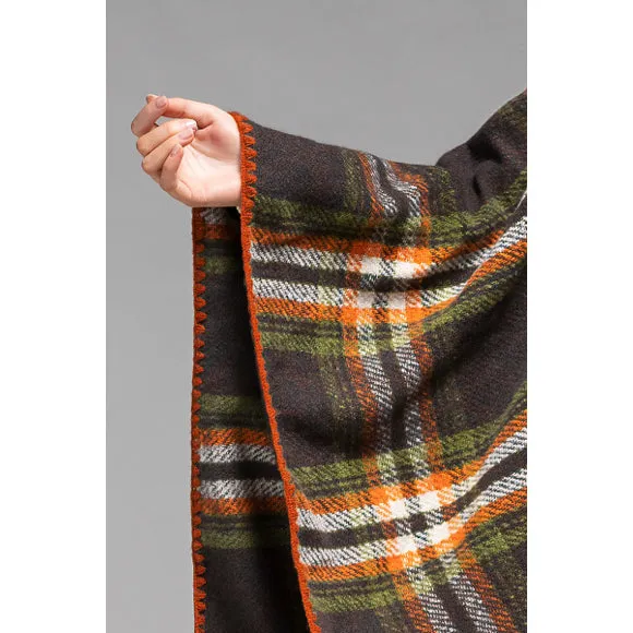 Olive Plaid Pattern Whip Stitch Knit Open Ruana Poncho Wrap One Size