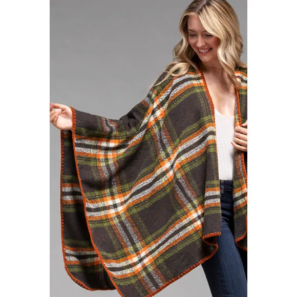 Olive Plaid Pattern Whip Stitch Knit Open Ruana Poncho Wrap One Size