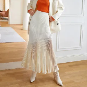 Pleated Skirt For Women High Waist A Line Solid Minimalist Patchwork Sheer Mesh Midi Skirts Female Autumn Clothing