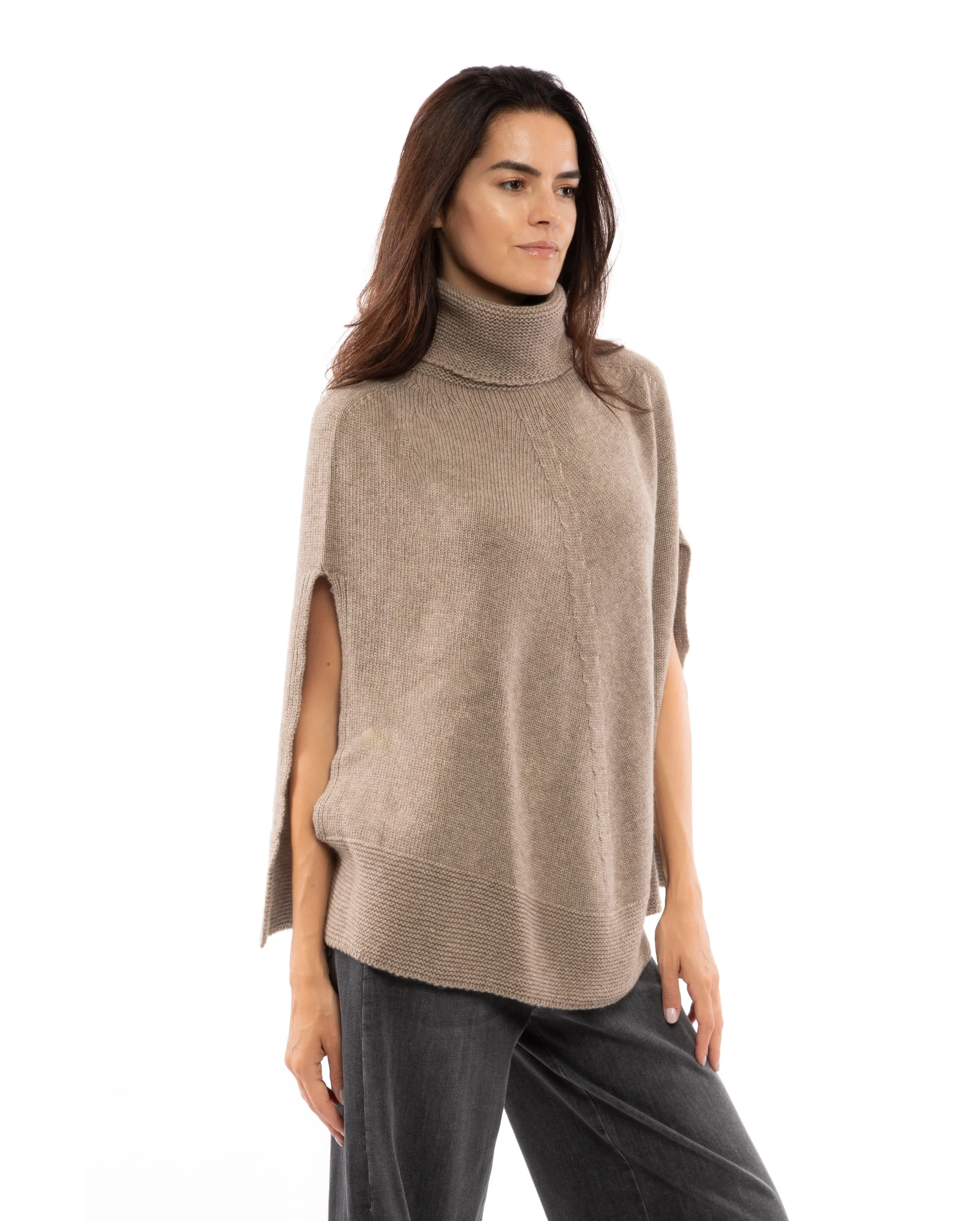 Pure Cashmere Turtleneck Poncho Taupe