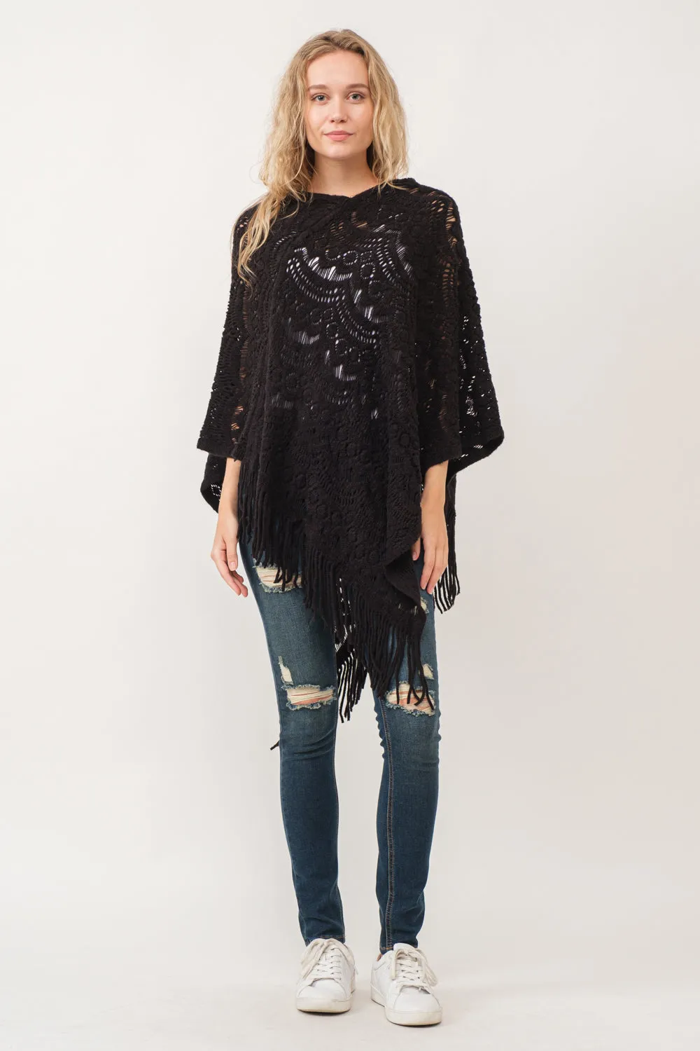 RAJ DREW CUT KNIT PONCHO CAPE BLACK