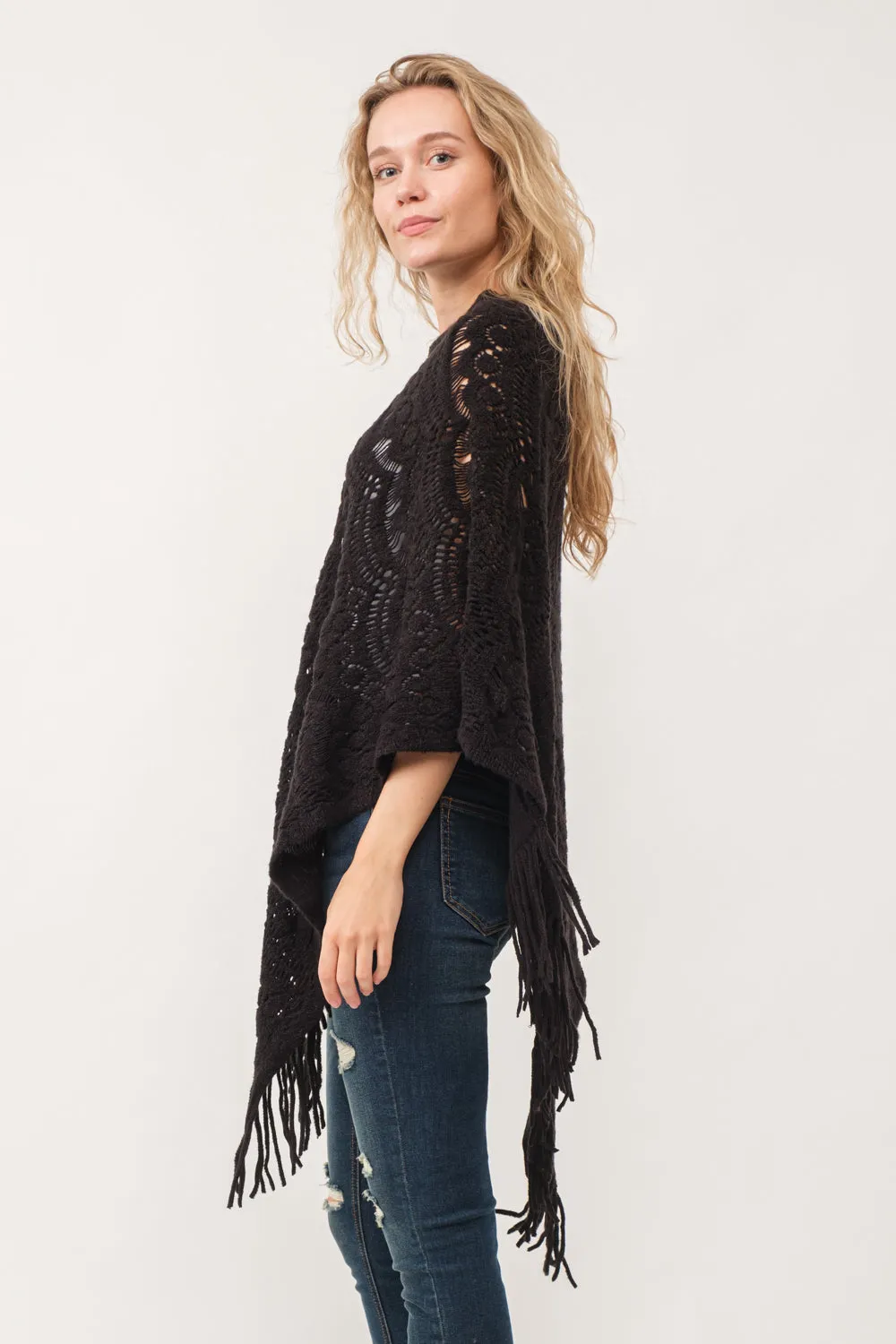 RAJ DREW CUT KNIT PONCHO CAPE BLACK