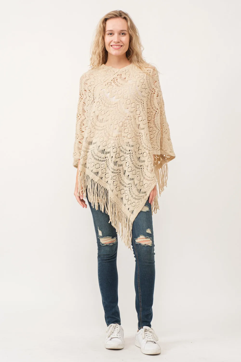 RAJ DREW CUT KNIT PONCHO CAPE ECRU