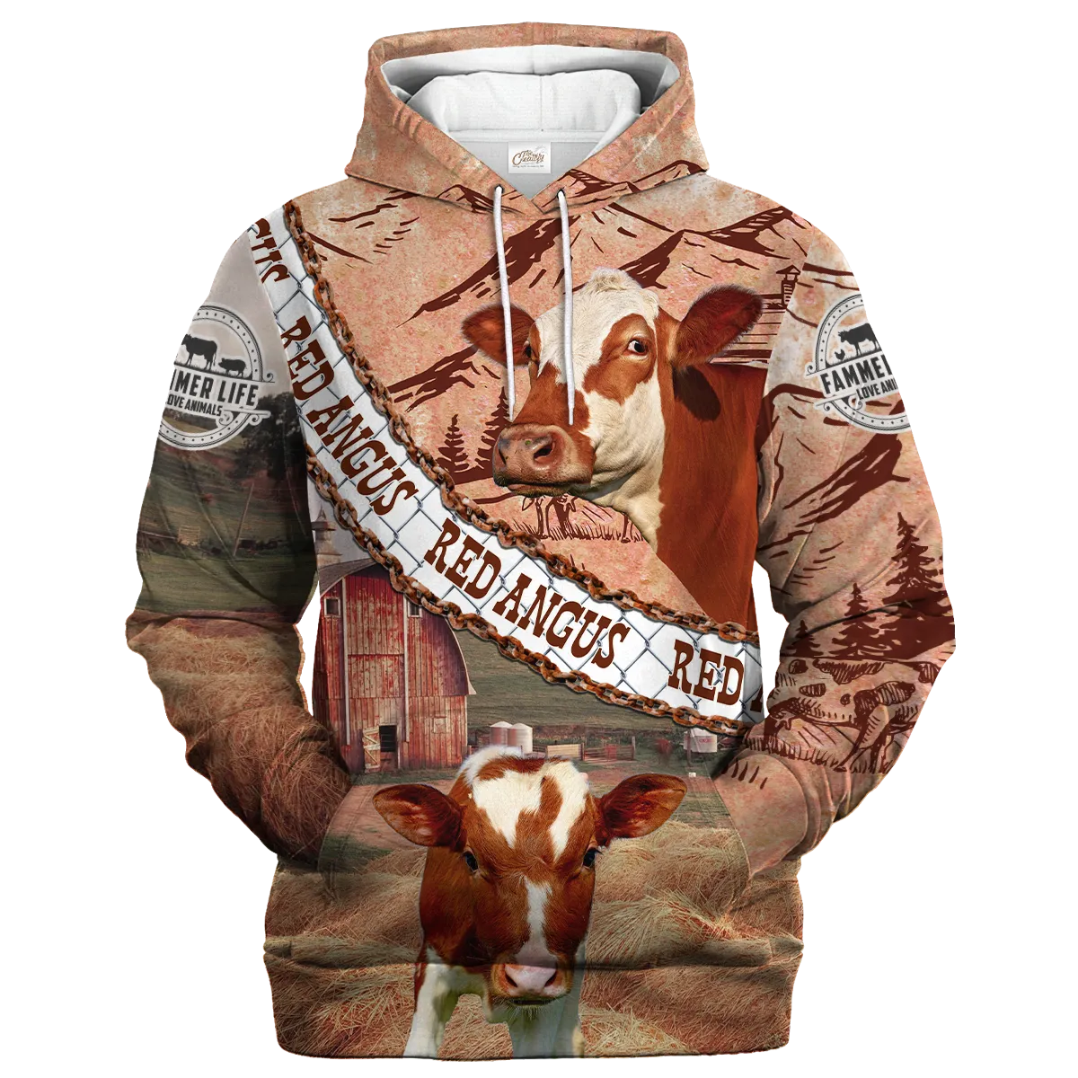 Red Angus With Straw Roll On The Farm Hoodie