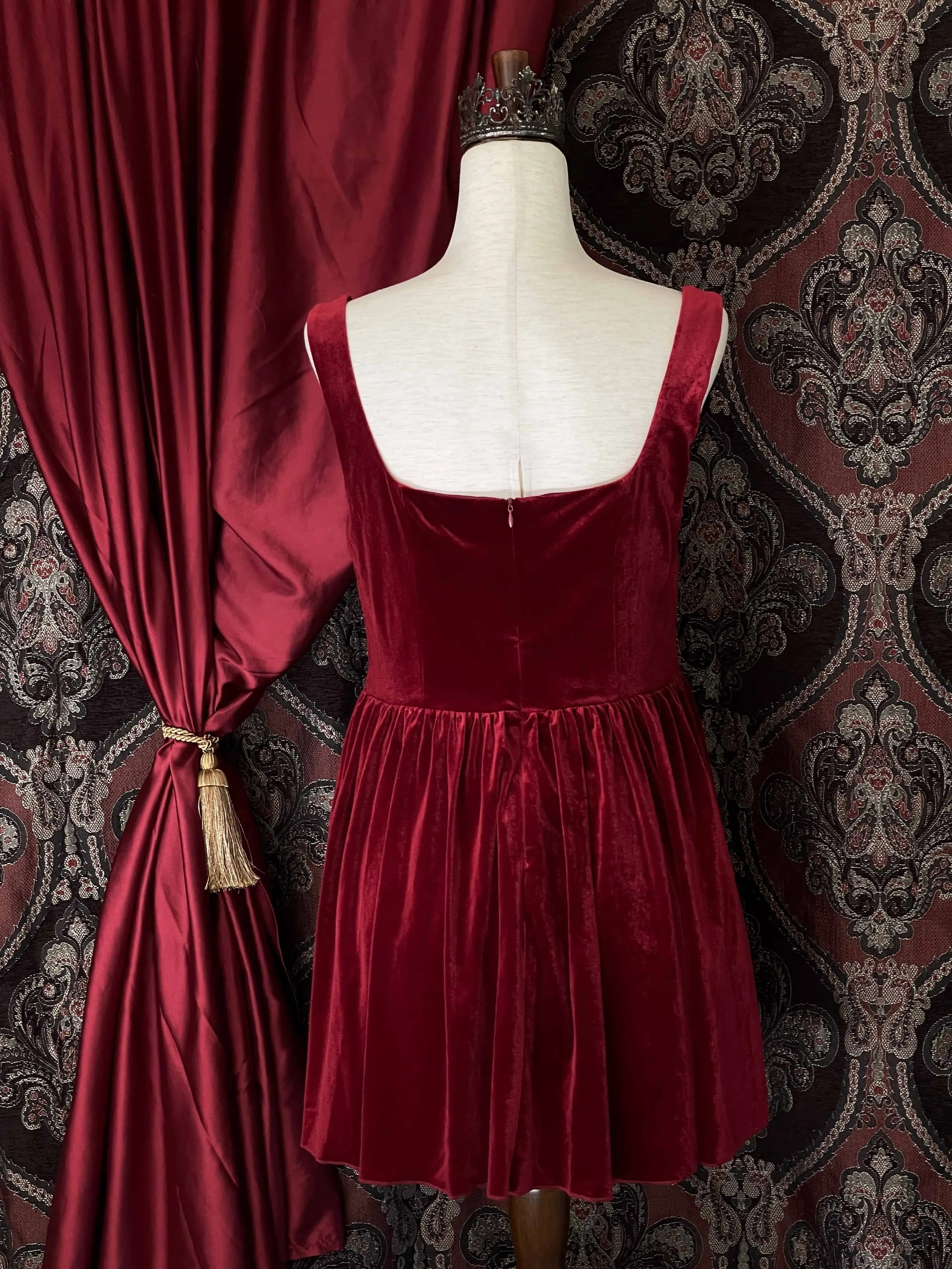 Renaissance & Tudor Era Pleated Velvet Mini Dress in Wine Red