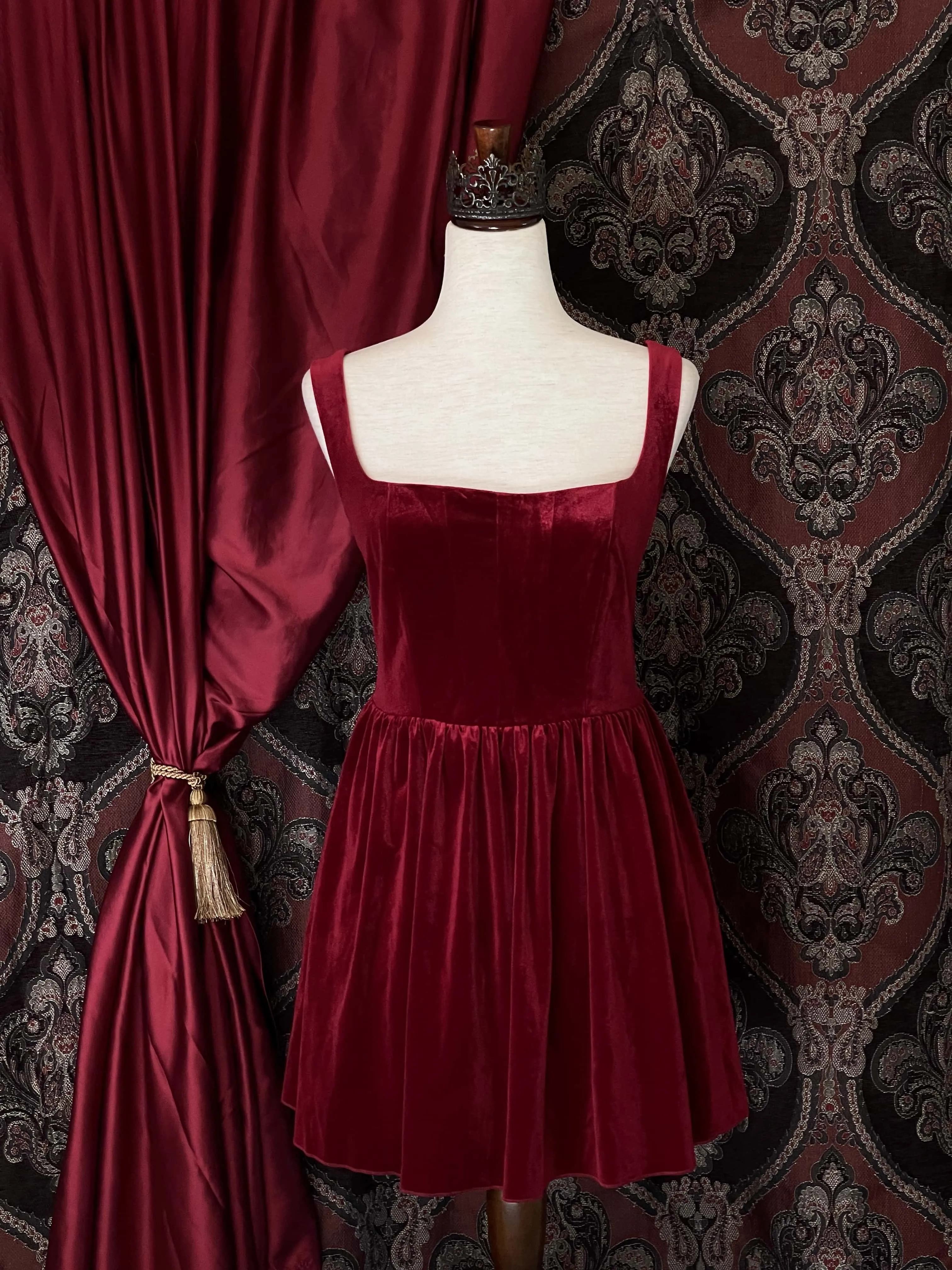 Renaissance & Tudor Era Pleated Velvet Mini Dress in Wine Red