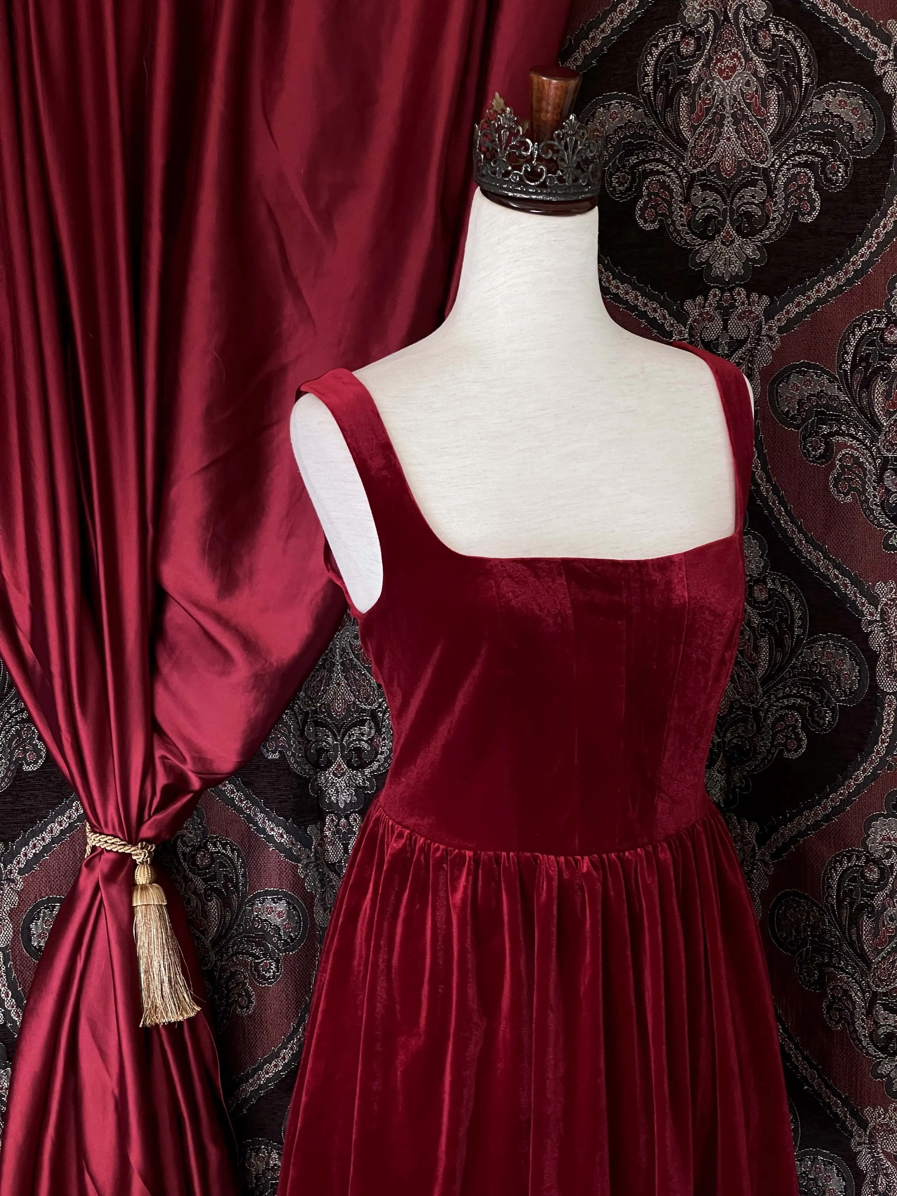 Renaissance & Tudor Era Pleated Velvet Mini Dress in Wine Red