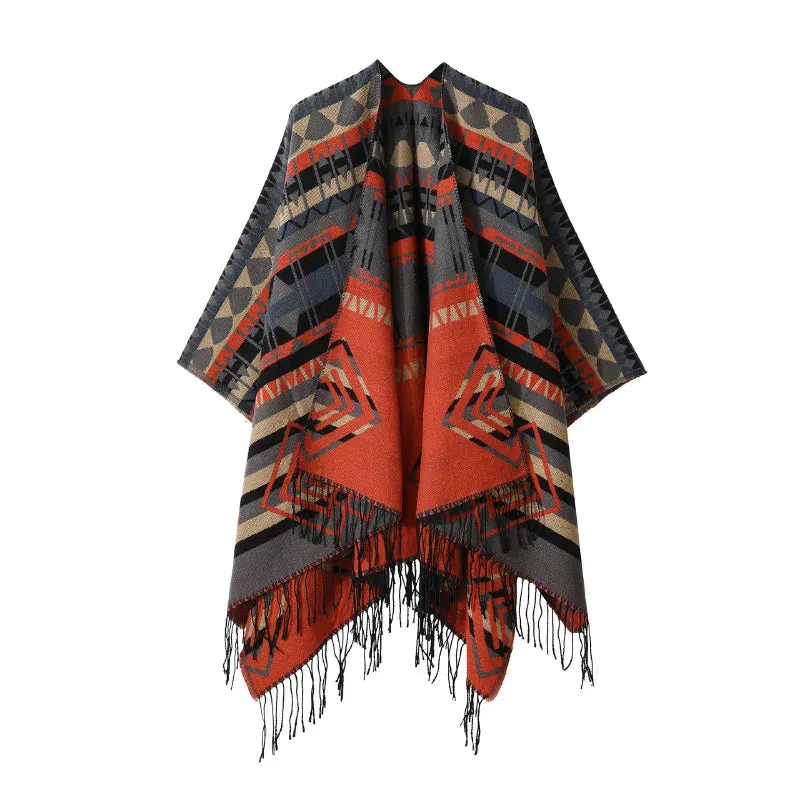 Retro Bohemian-Inspired Poncho Wrap Scarf with Fringe Details