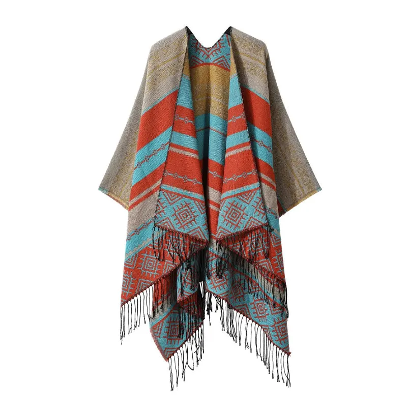 Retro Bohemian-Inspired Poncho Wrap Scarf with Fringe Details