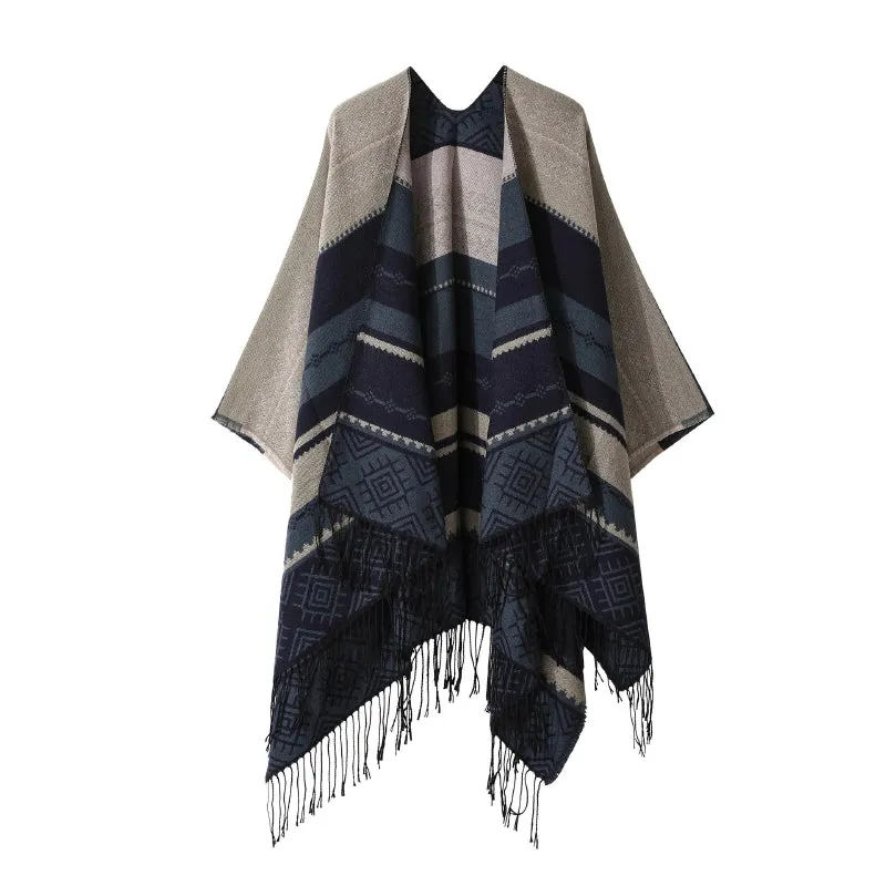 Retro Bohemian-Inspired Poncho Wrap Scarf with Fringe Details