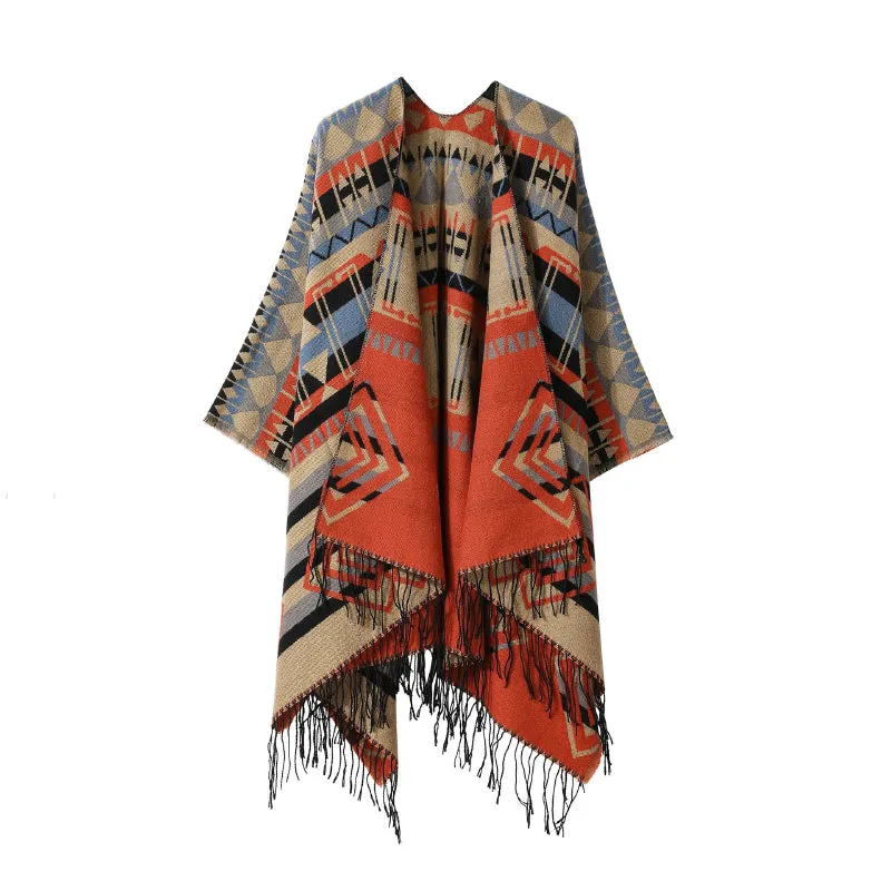 Retro Bohemian-Inspired Poncho Wrap Scarf with Fringe Details