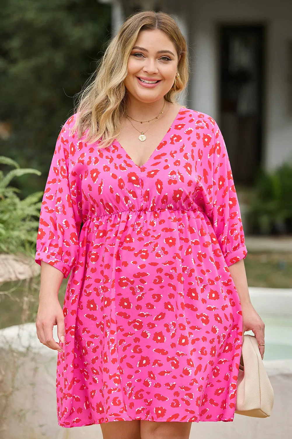 Rose Plus Size 3/4 Sleeves V Neck Leopard Dress