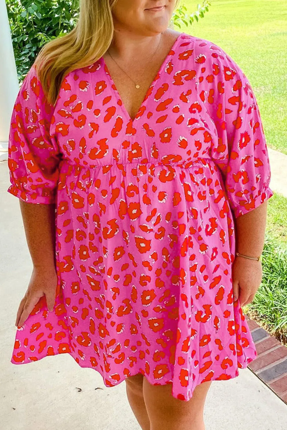 Rose Plus Size 3/4 Sleeves V Neck Leopard Dress