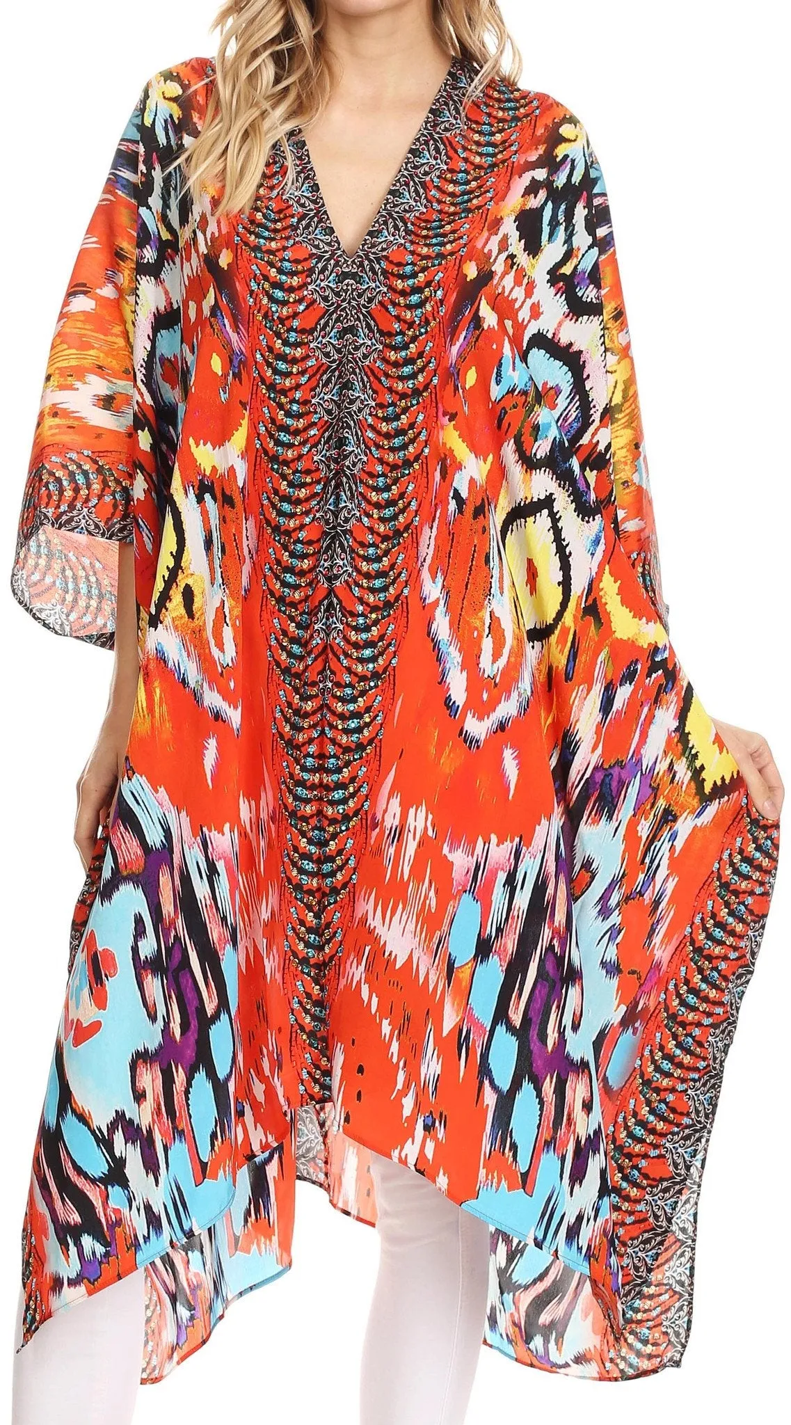 Sakkas Libra Mid Length Caftan Dress / Cover Up With Tribal Print / Rhinestones