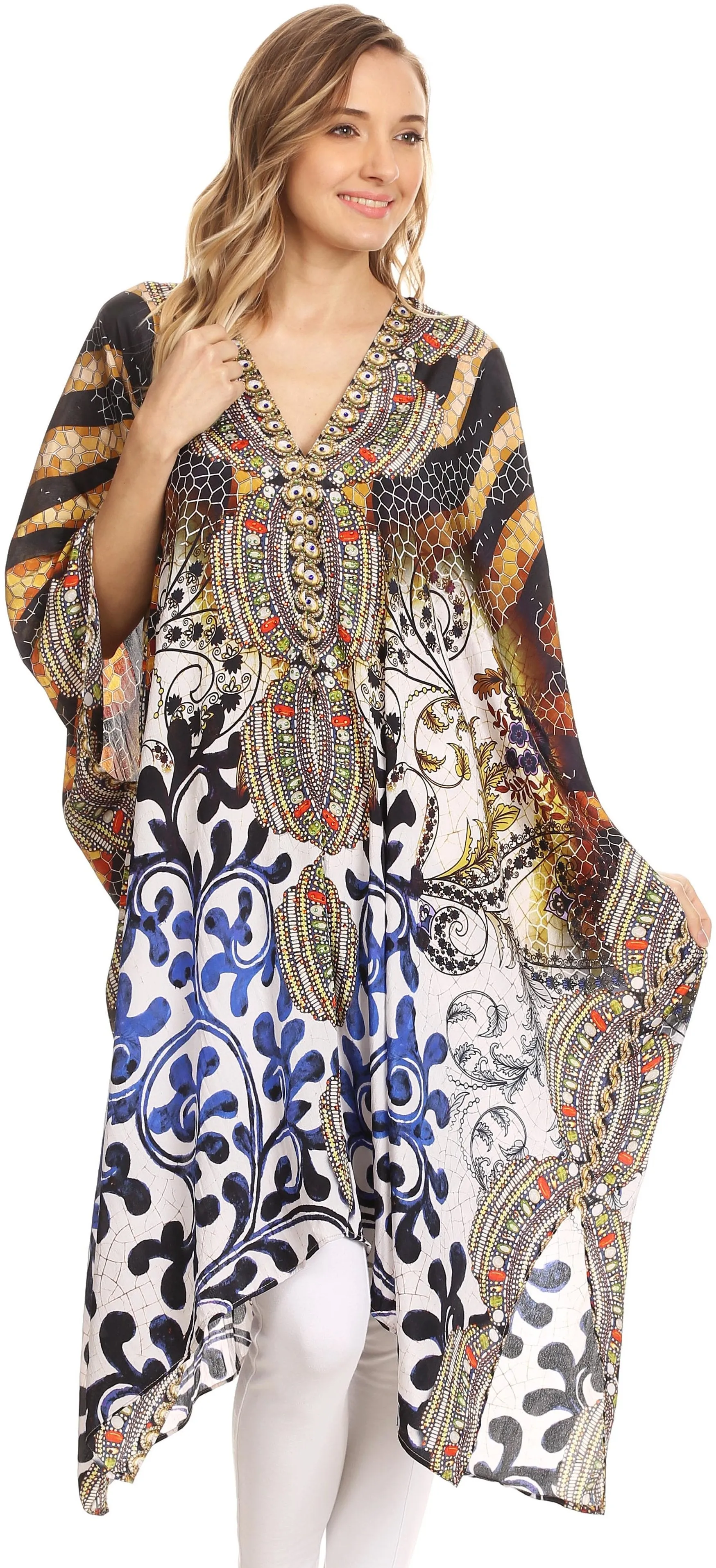 Sakkas Libra Mid Length Caftan Dress / Cover Up With Tribal Print / Rhinestones