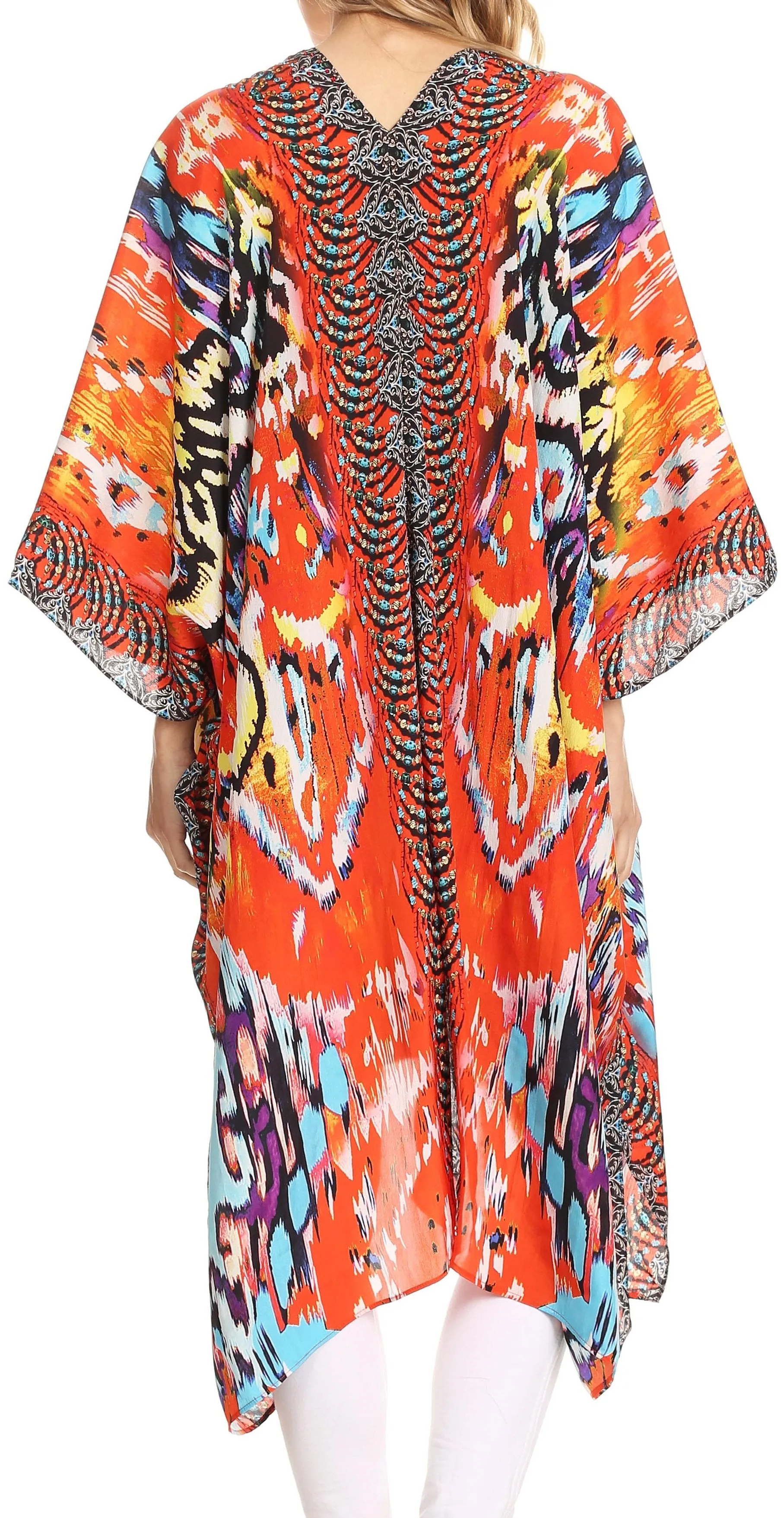 Sakkas Libra Mid Length Caftan Dress / Cover Up With Tribal Print / Rhinestones