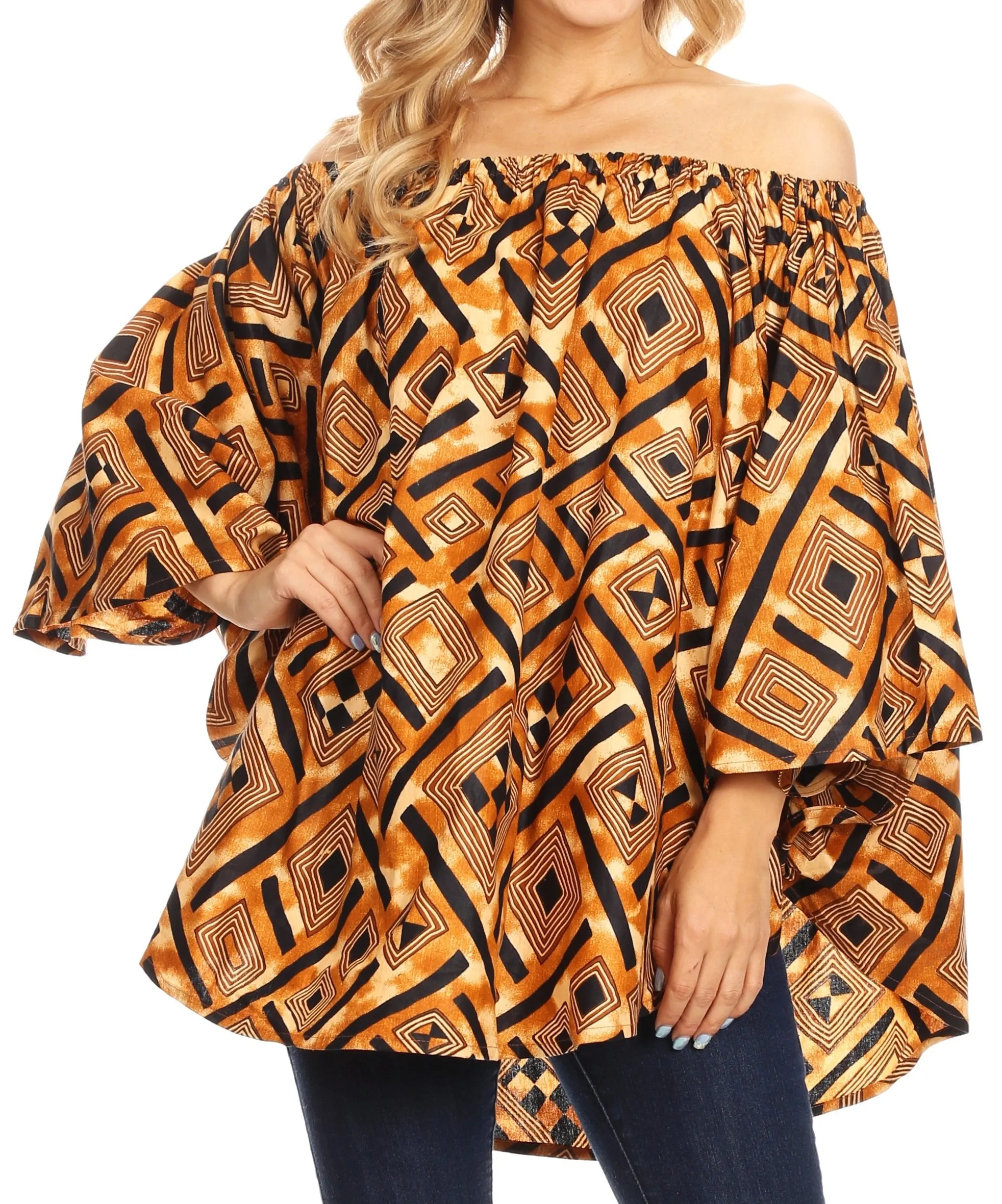 Sakkas Zane Off-shoulder Circle Poncho Top Blouse Relax Fit Elastic Neckline