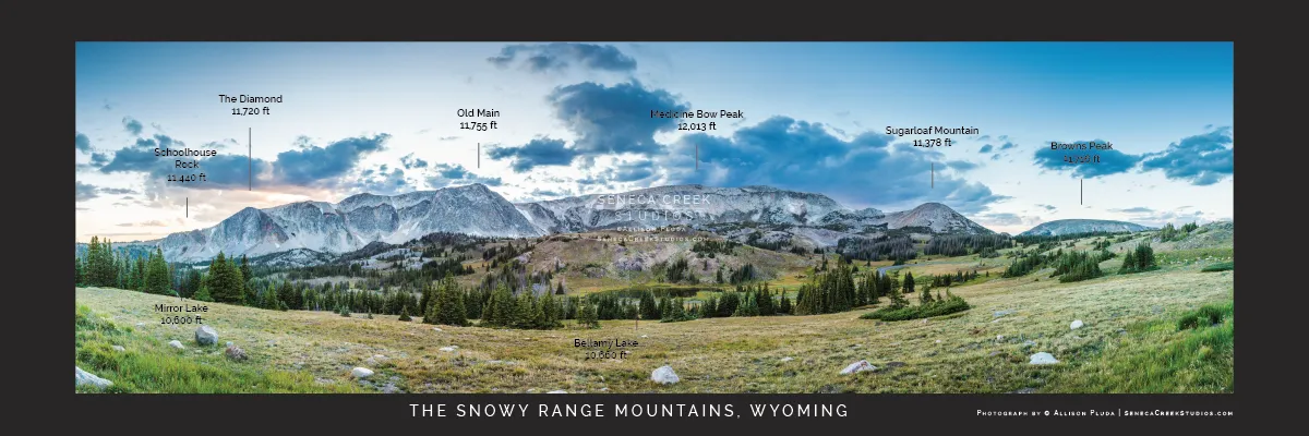 SALE - Snowy Range Mountains, Wyoming Panoramic Fine Art Print WITH Peak Names & Elevations - 10x30 Metal Print - Scratch and Dent Sale