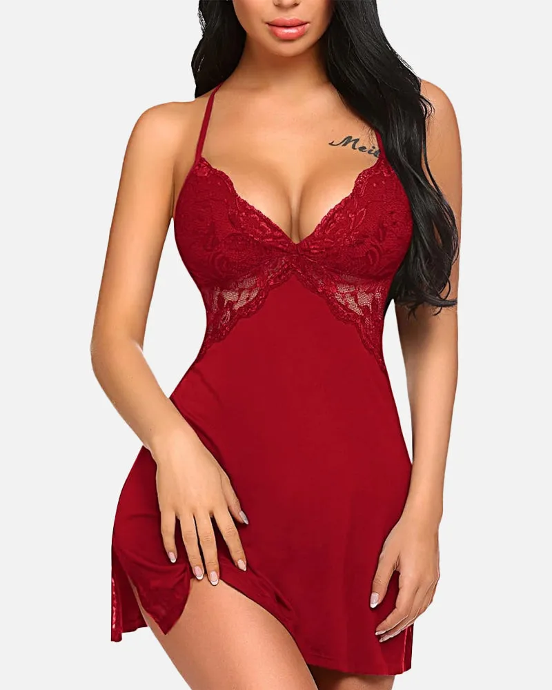 SheCurve® Lace Trim Slit Sleep Dress Babydoll Teddy Lingerie