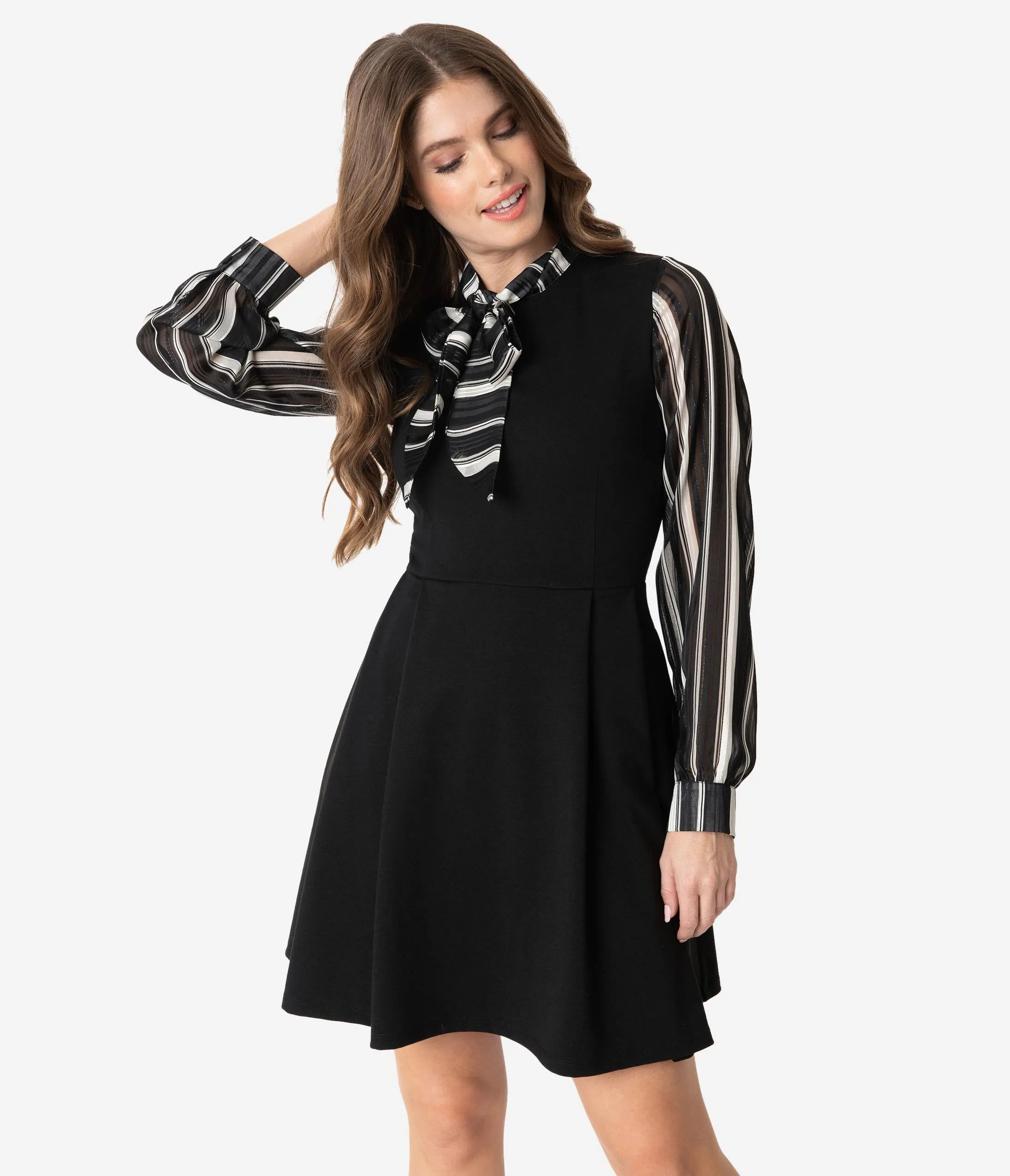 Smak Parlour Black & Ivory Stripe Chiffon Sleeve She.E.O. Fit & Flare Dress