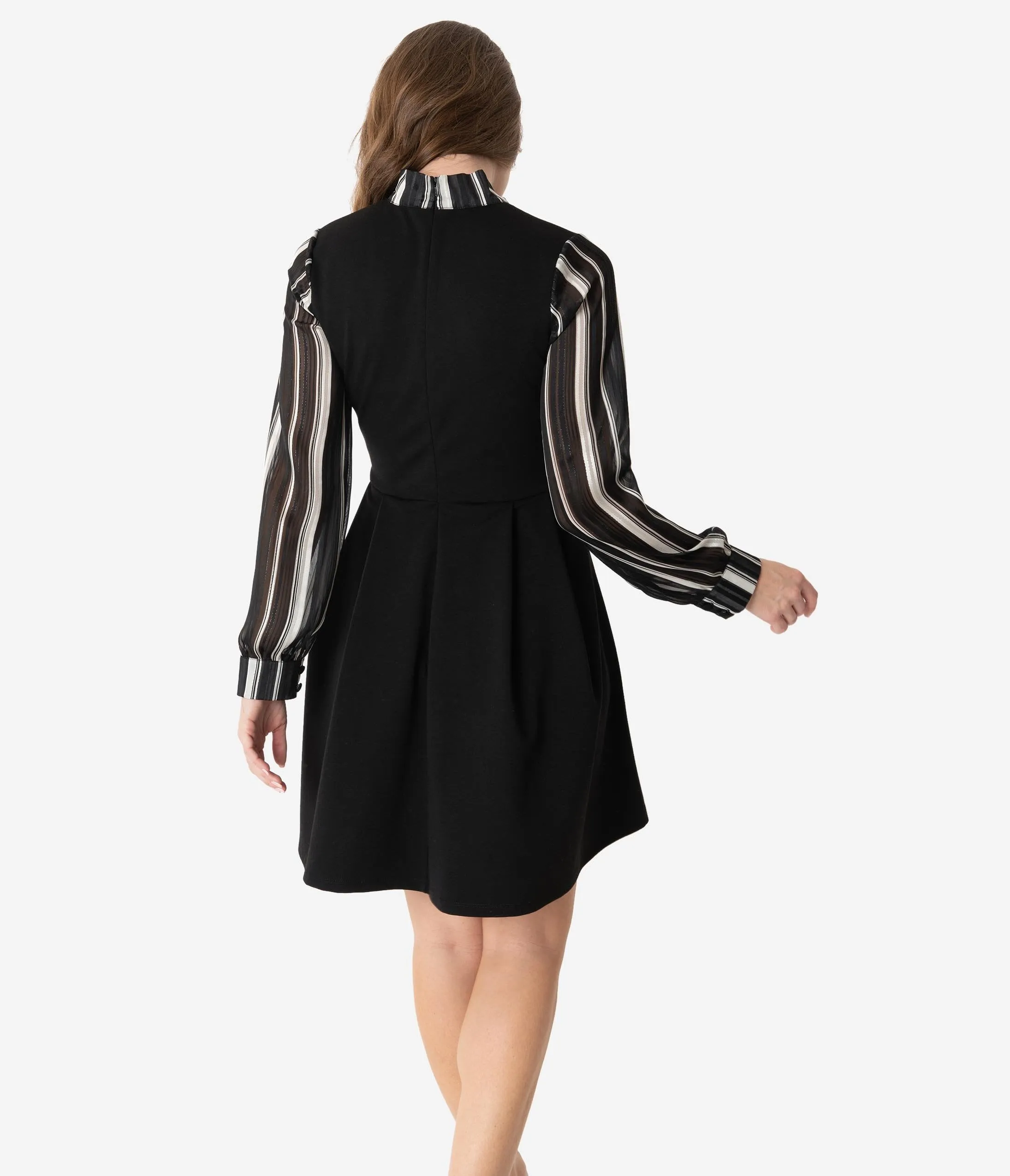 Smak Parlour Black & Ivory Stripe Chiffon Sleeve She.E.O. Fit & Flare Dress