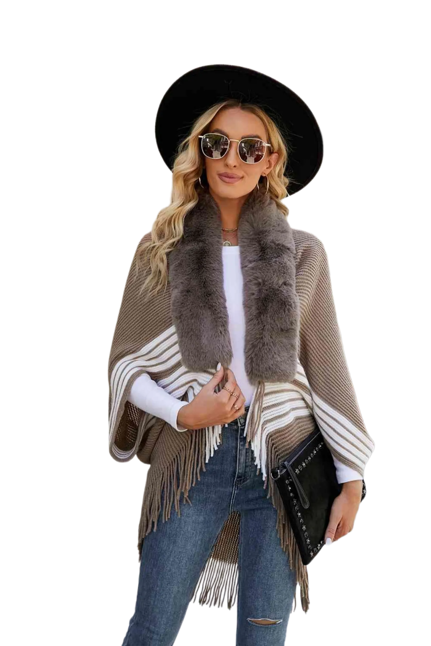 Striped Fringe Detail Long Sleeve Poncho