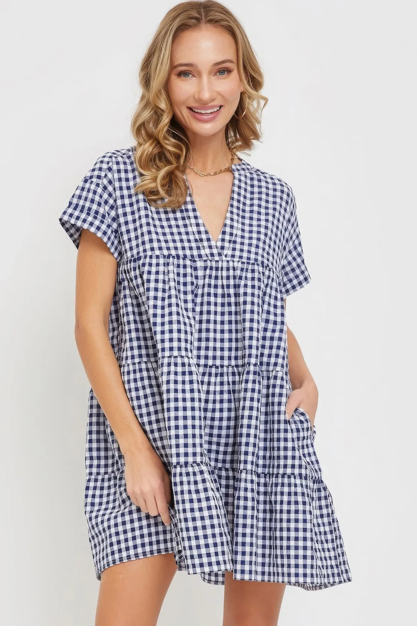 Stylish Summer Navy Gingham Bodydoll Dress for Women