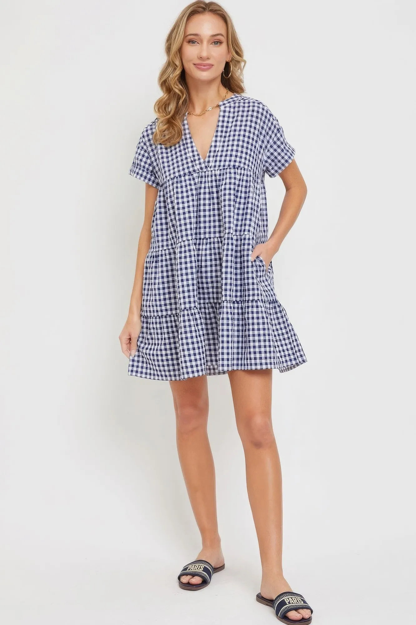 Stylish Summer Navy Gingham Bodydoll Dress for Women