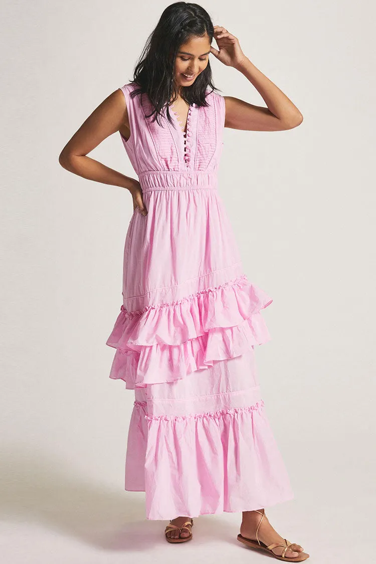 Swingy Buttoned Sleeveless Beach Vacation Ruffle Tiered Maxi Sundress - Pink