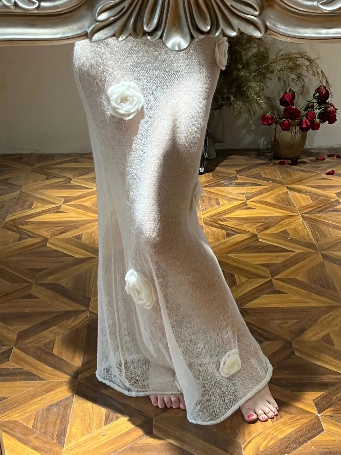 [Tailor Made] Floral Deity White Rose Hand Knitted Dress