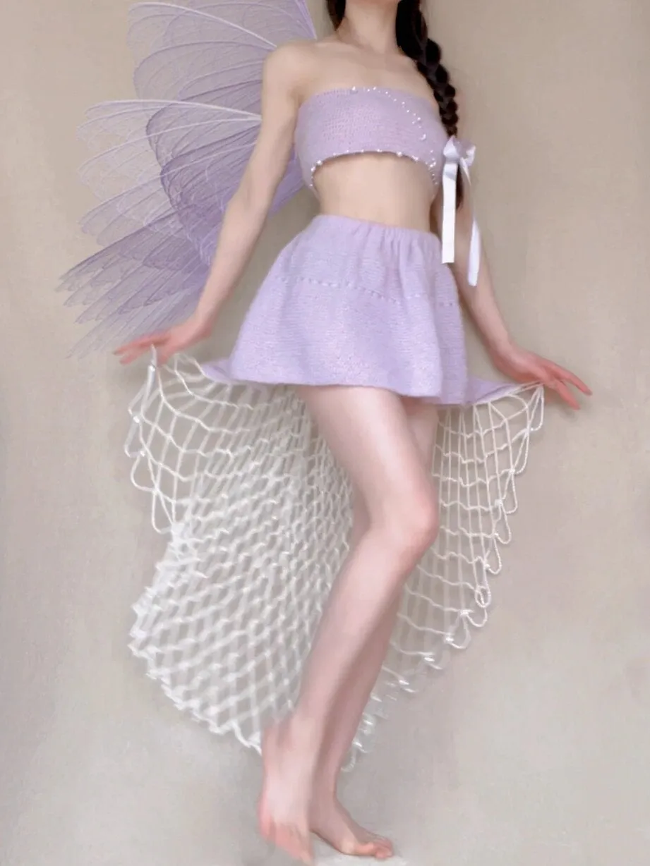 [Tailor Made] Lavender Dream Fairy Style Knitting Set with glass Pearl on bralette and skirt