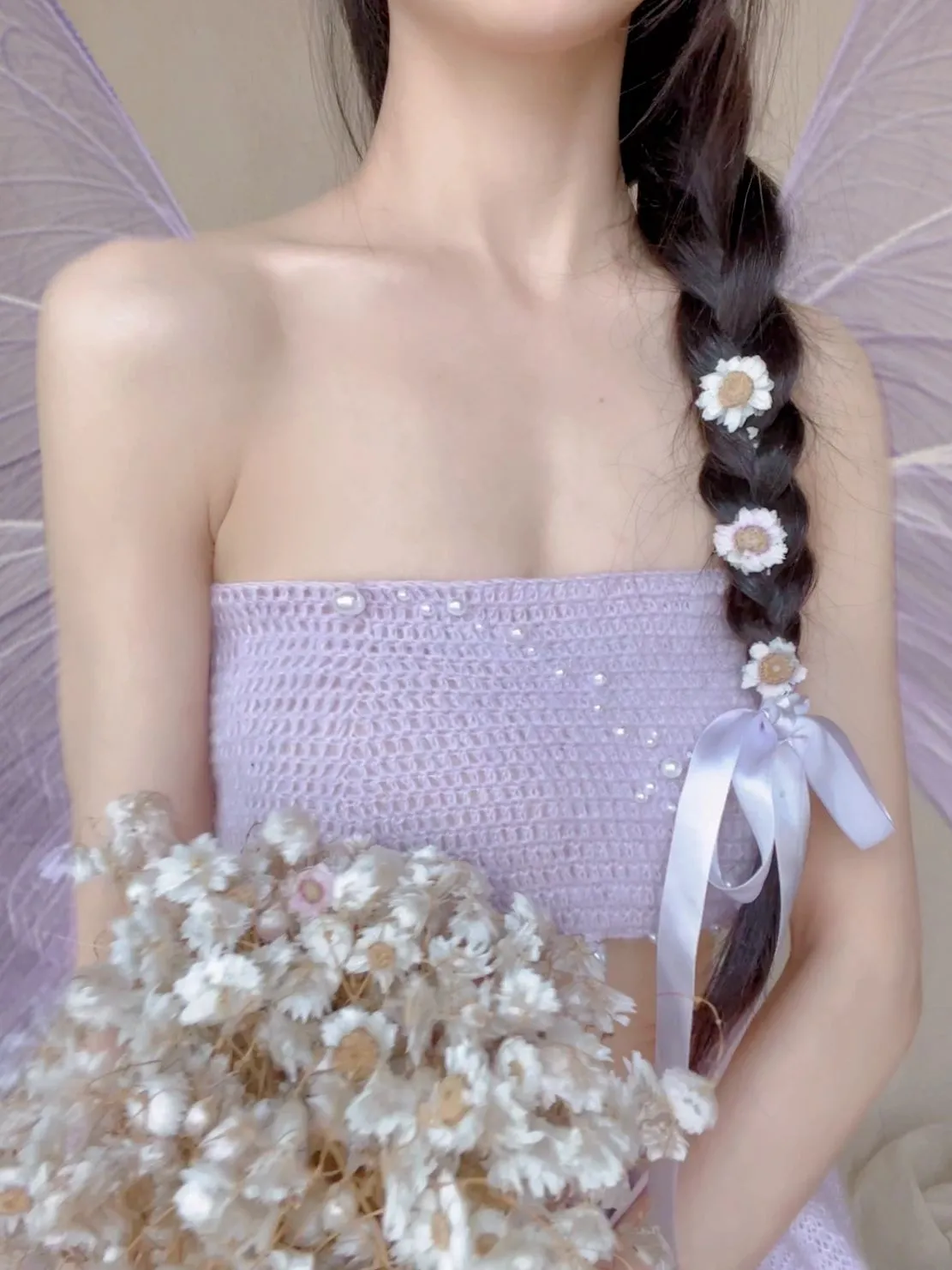 [Tailor Made] Lavender Dream Fairy Style Knitting Set with glass Pearl on bralette and skirt