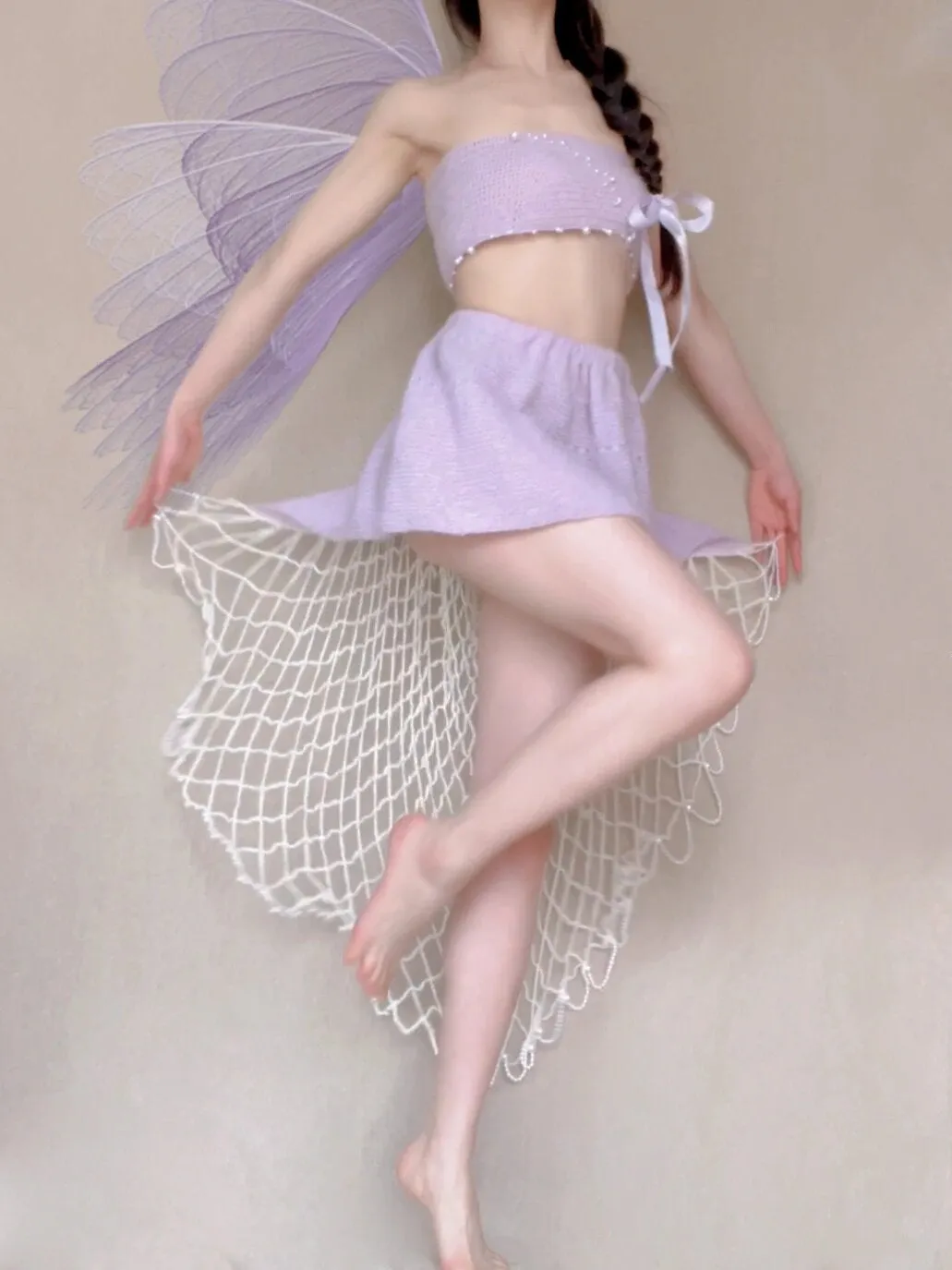 [Tailor Made] Lavender Dream Fairy Style Knitting Set with glass Pearl on bralette and skirt