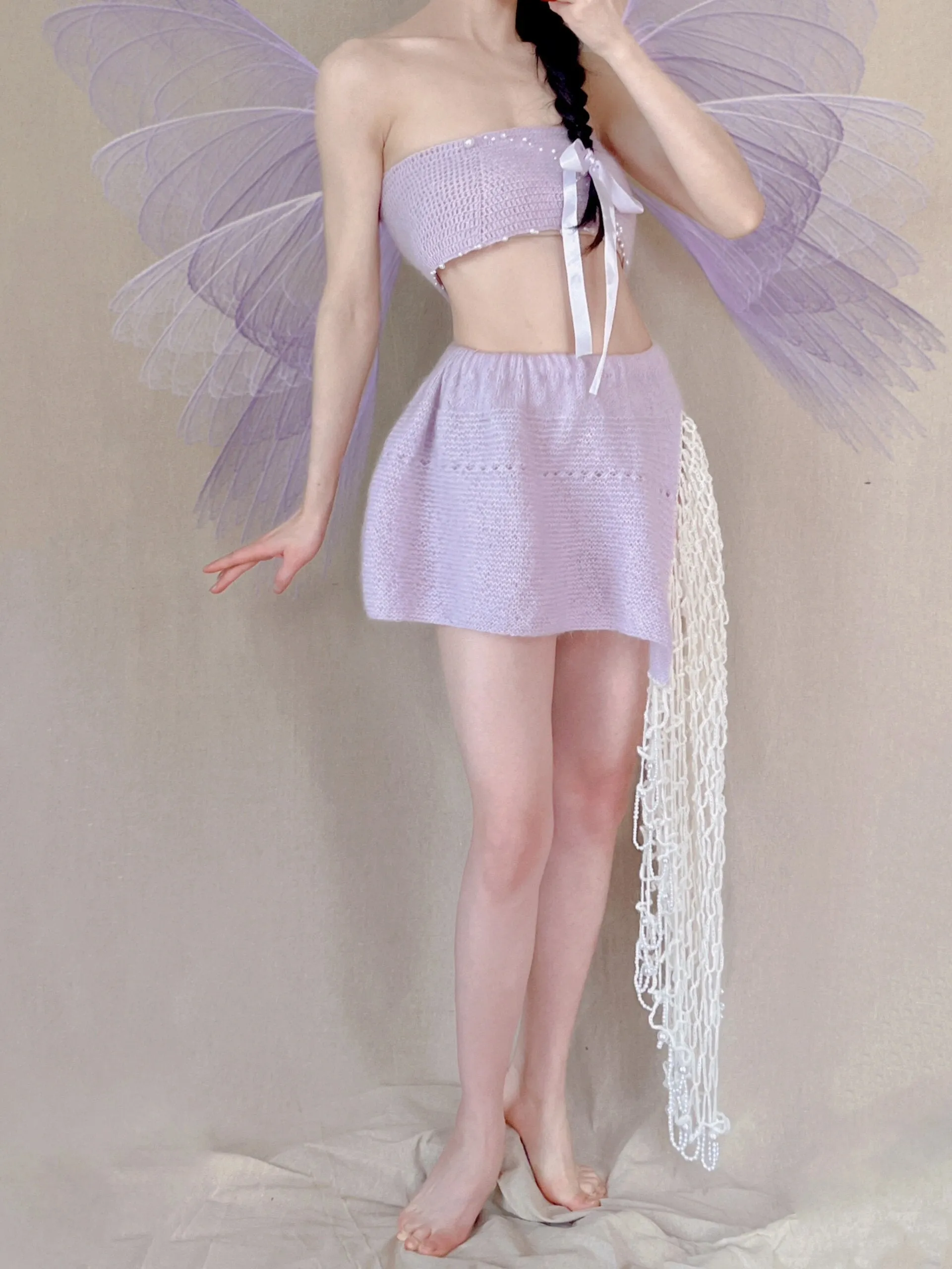 [Tailor Made] Lavender Dream Fairy Style Knitting Set with glass Pearl on bralette and skirt