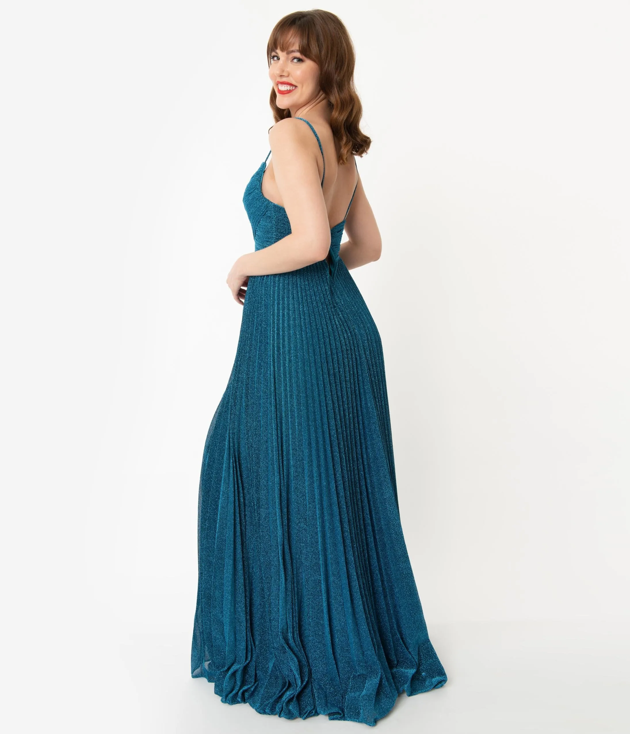 Teal Blue Sparkle Pleated Long Evening Dress